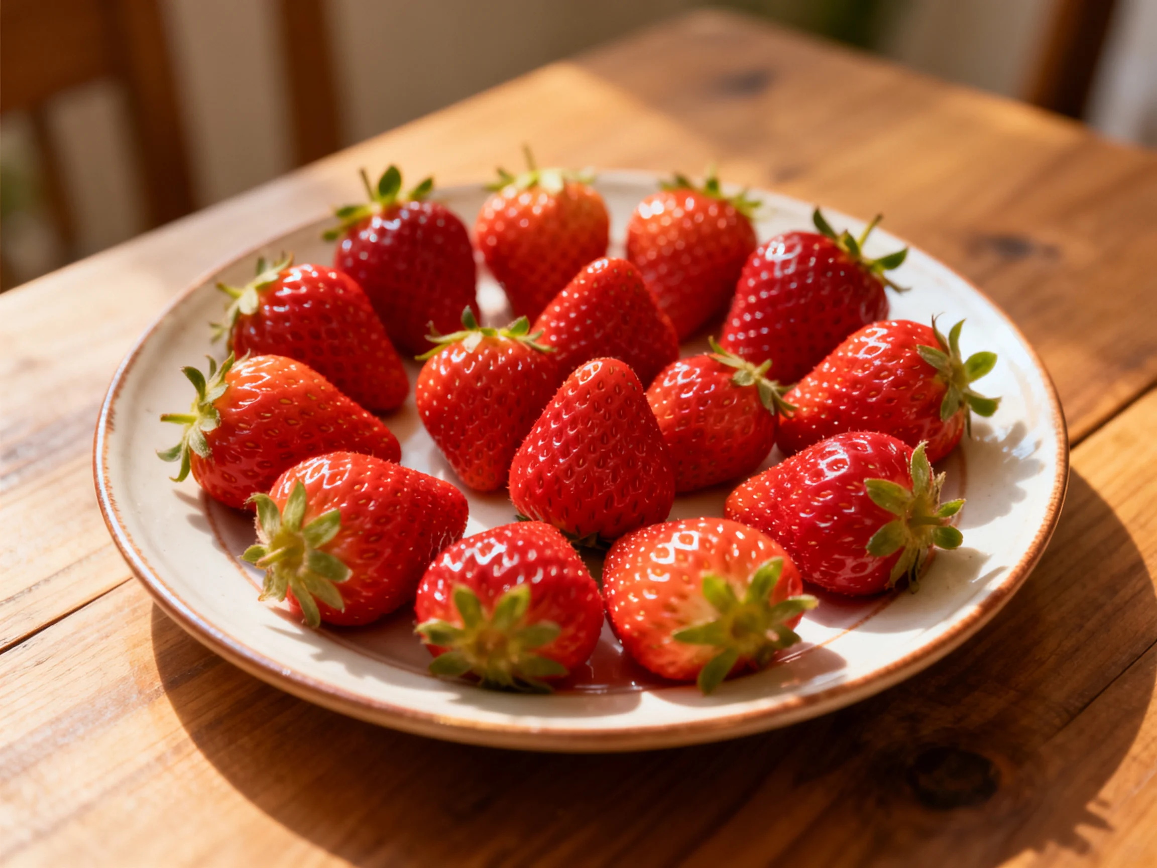 Fresh red strawberries arranged on a ceramic plate atop a wooden table