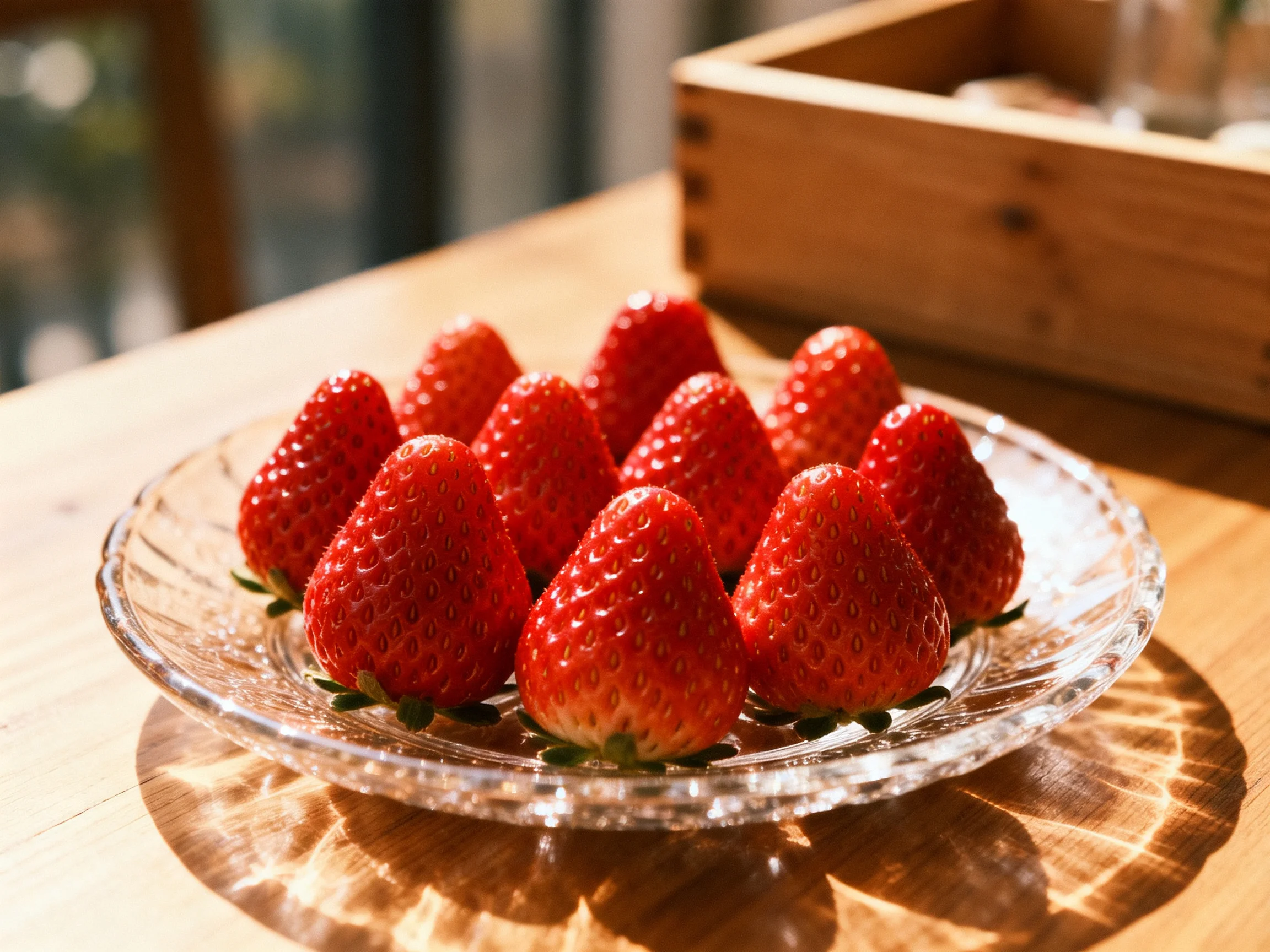 Fresh red strawberries arranged on a clear glass dish under warm sunlight