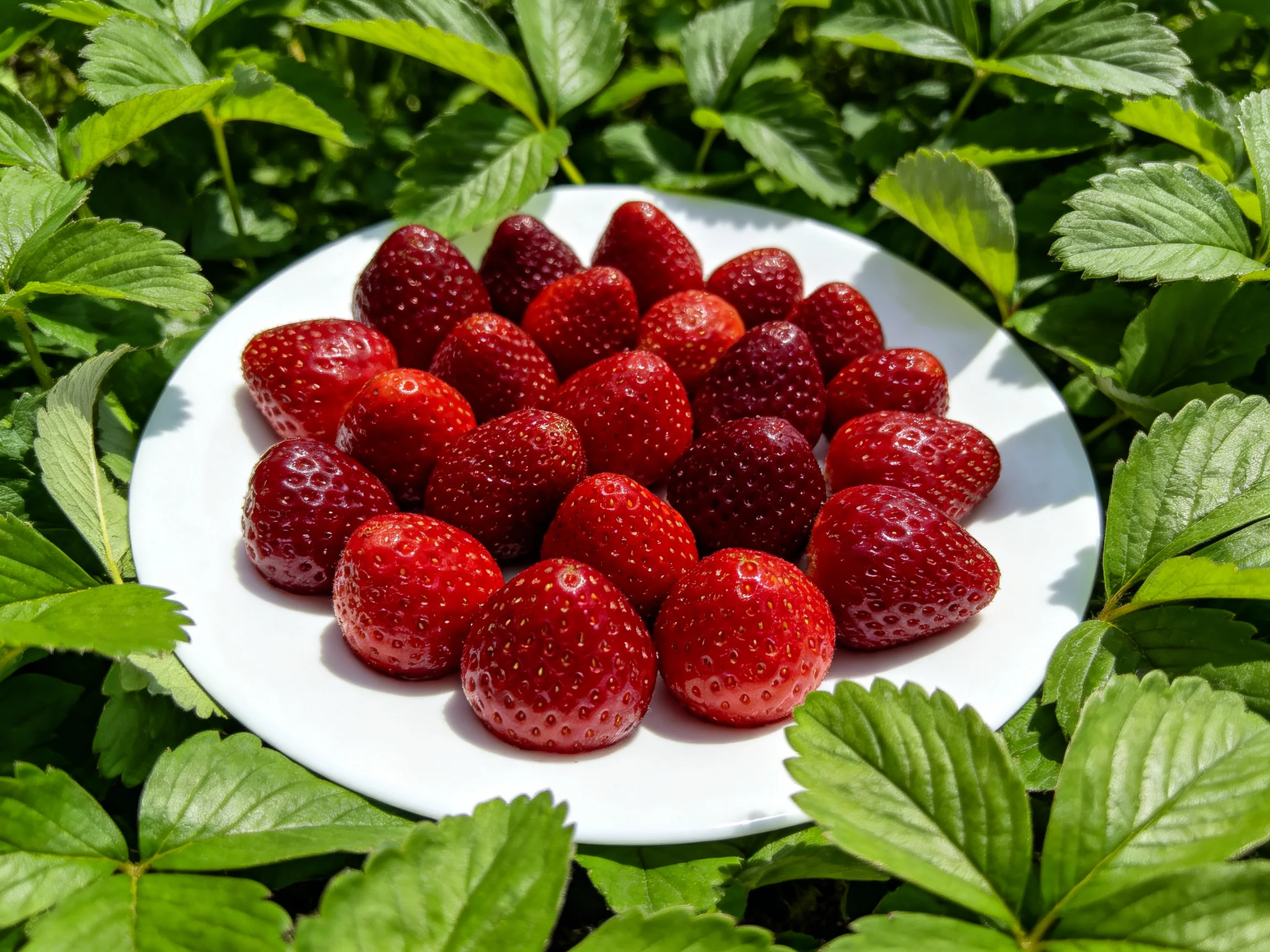 Fresh red strawberries arranged on a white plate amid lush green foliage