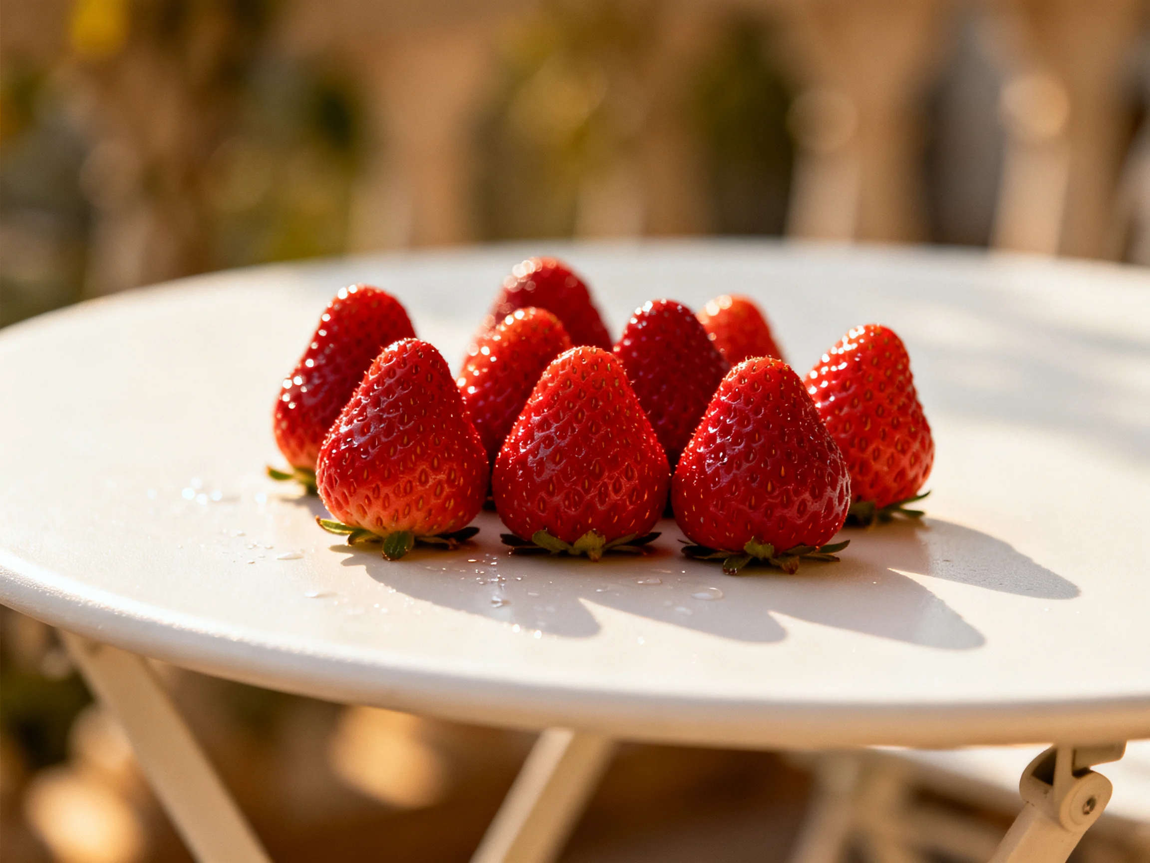 Fresh red strawberries arranged on a white round table outdoors