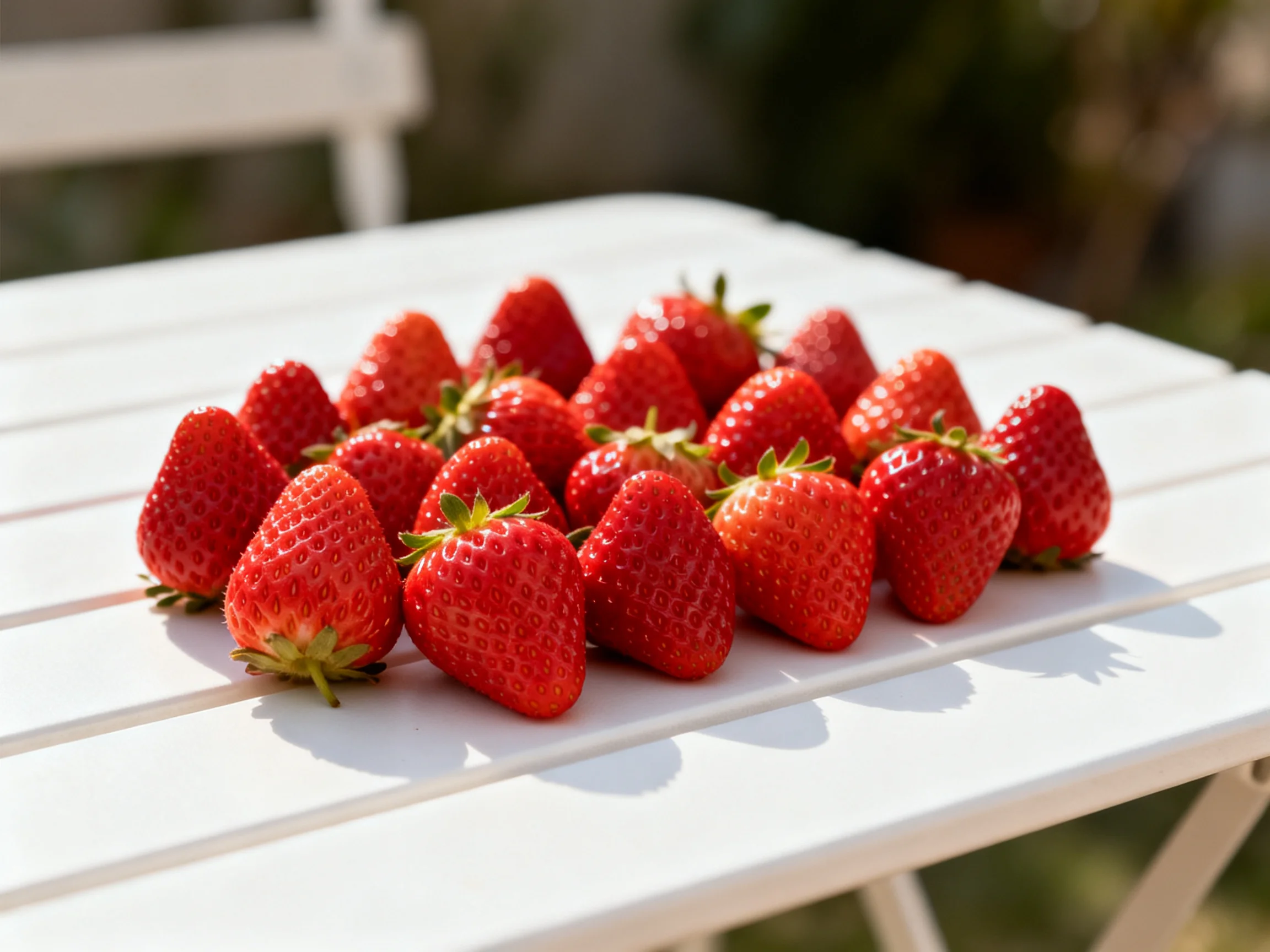 Fresh red strawberries arranged on a white slatted patio table