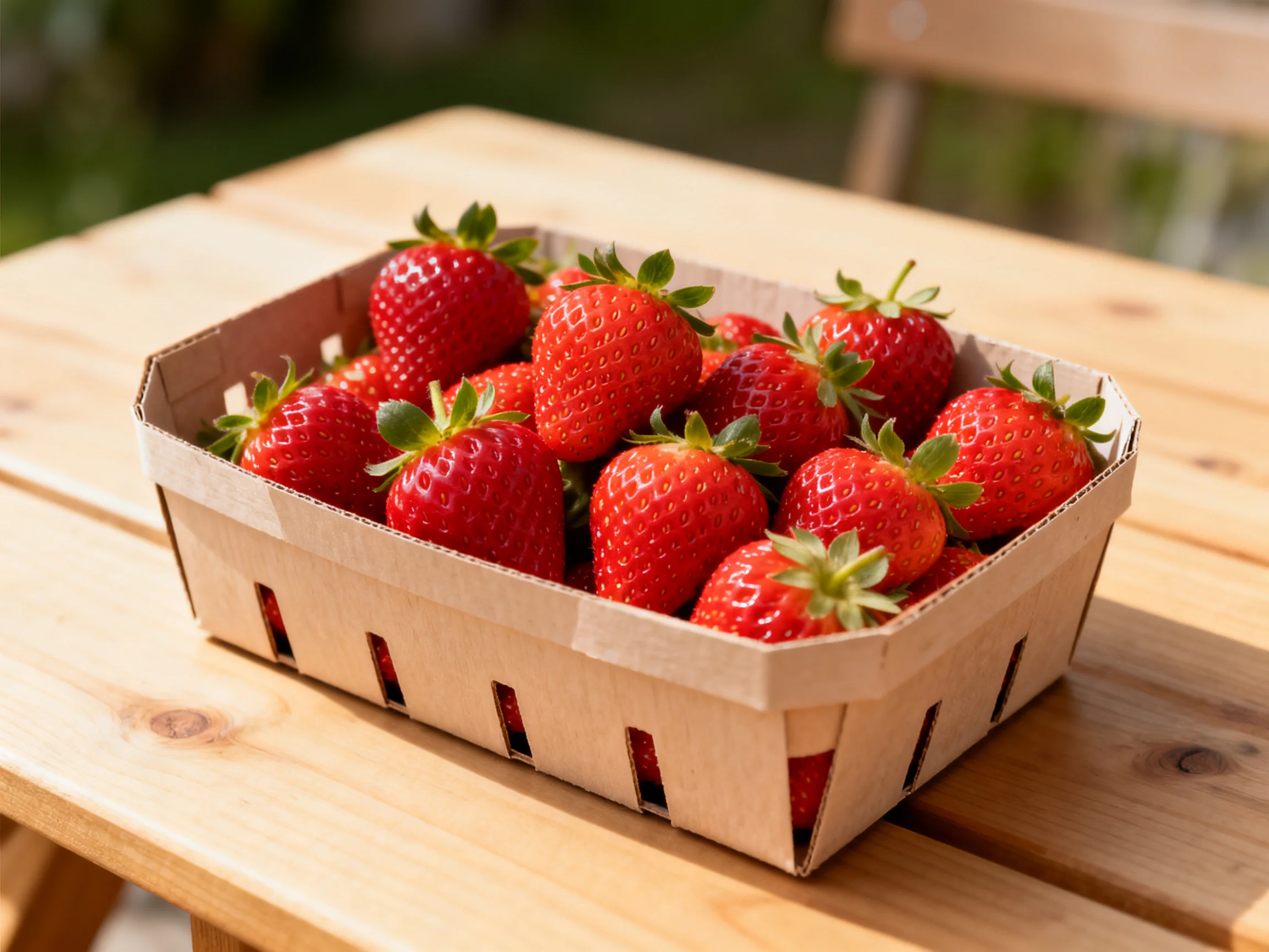 Fresh red strawberries fill a cardboard container on a wooden table