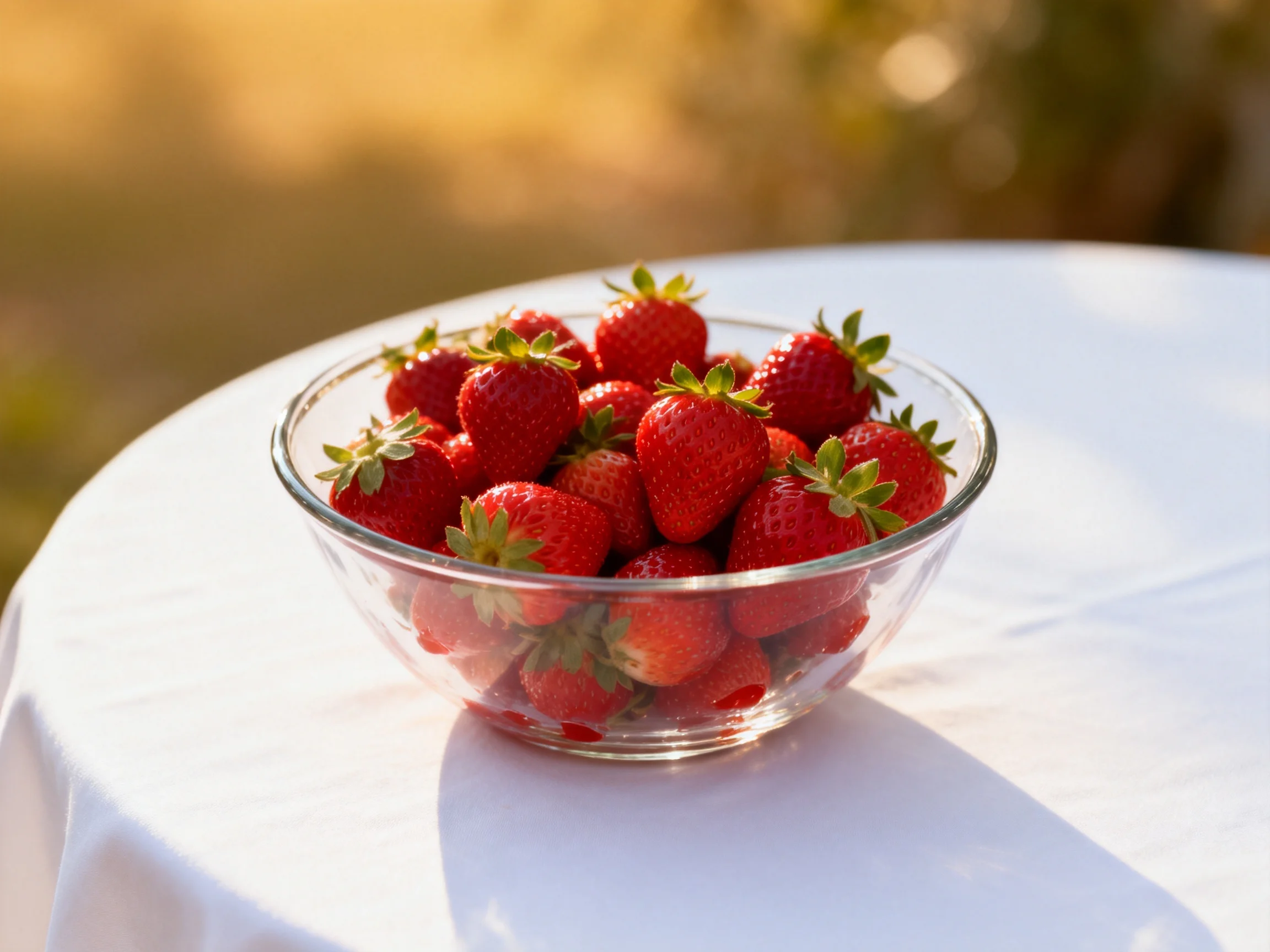 Fresh red strawberries fill a clear glass bowl on a white cloth outdoors