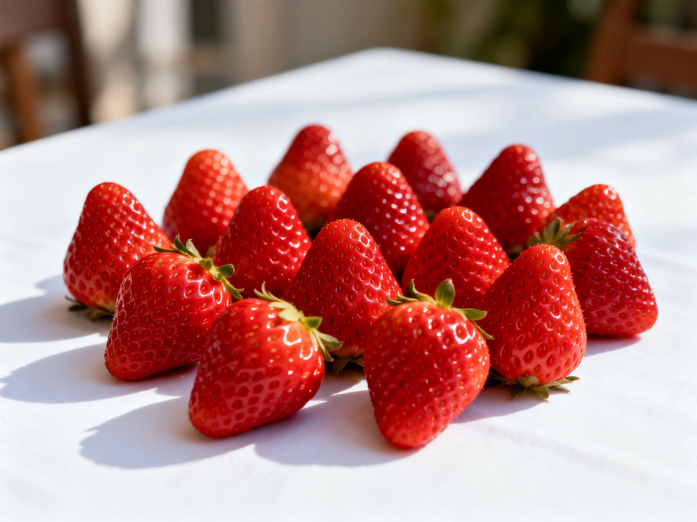 Fresh red strawberries grouped together on a bright white tablecloth