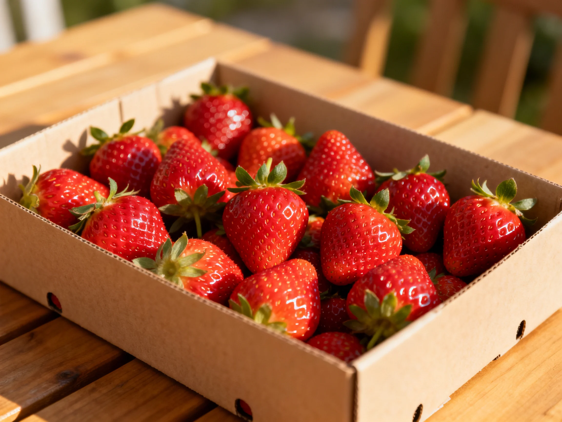 Fresh red strawberries in a cardboard box on a wooden table