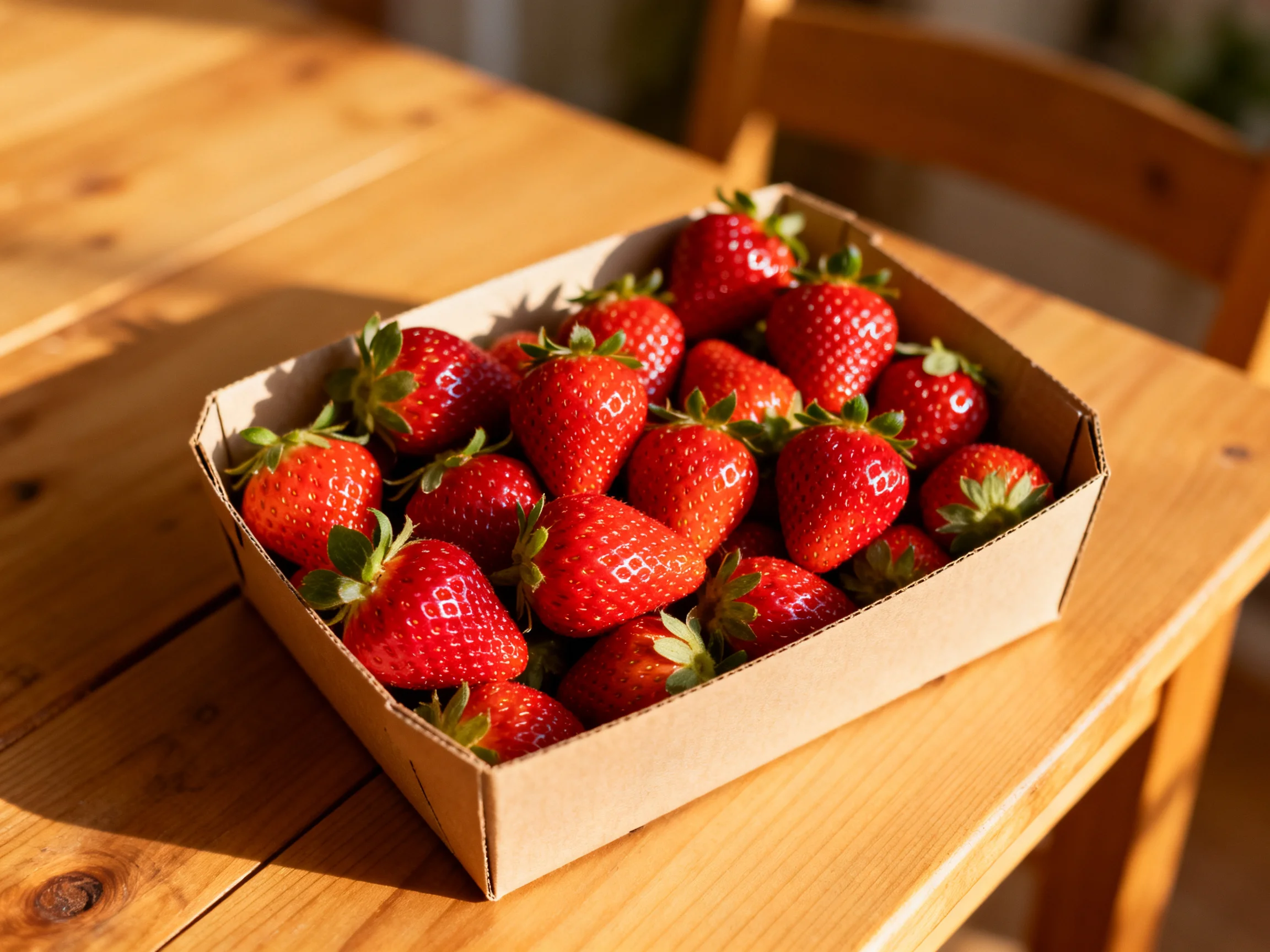 Fresh red strawberries in a cardboard box on a wooden table