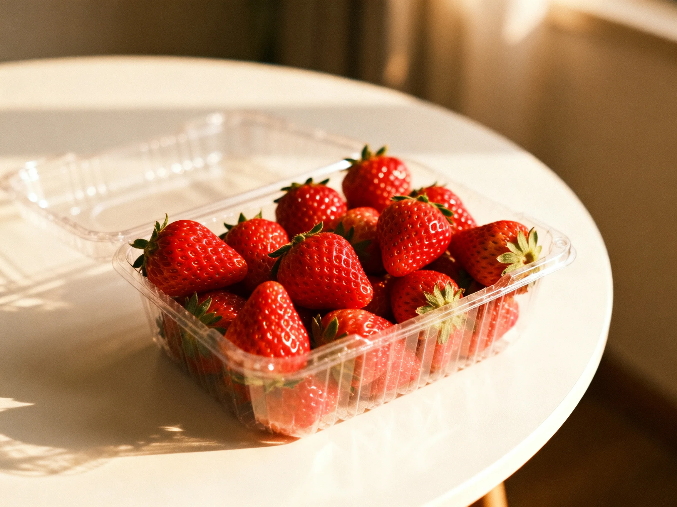 Fresh red strawberries in a clear plastic container on a white table