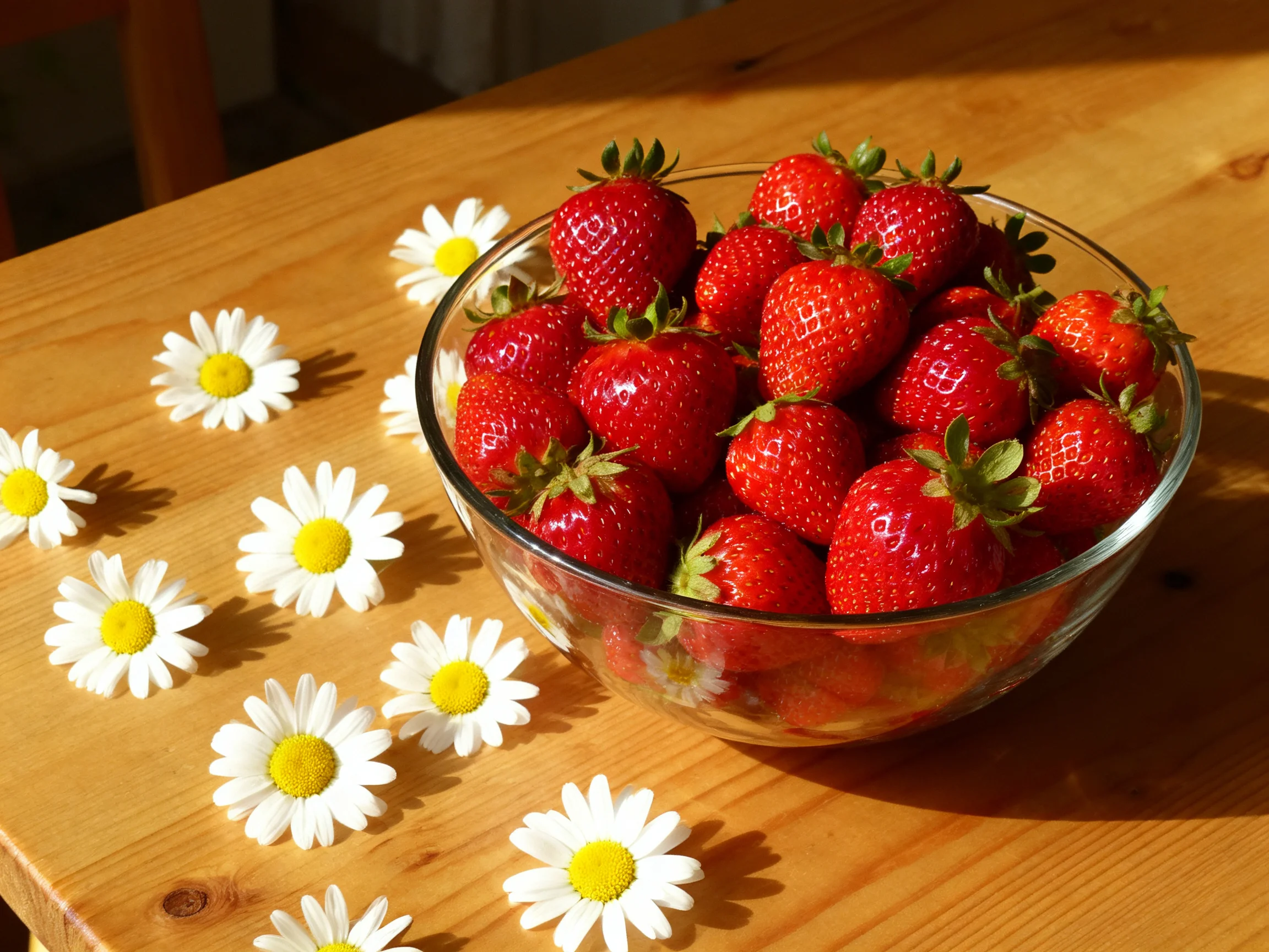 Fresh red strawberries in a glass bowl beside white daisies on a wooden table