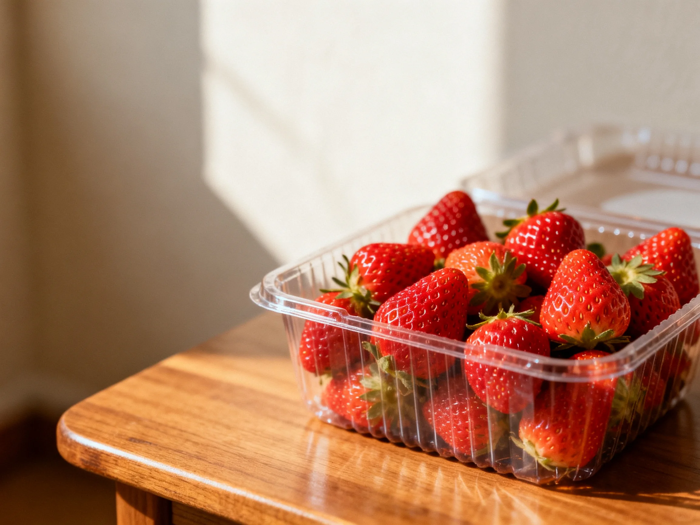 Fresh red strawberries in clear plastic container on wooden table