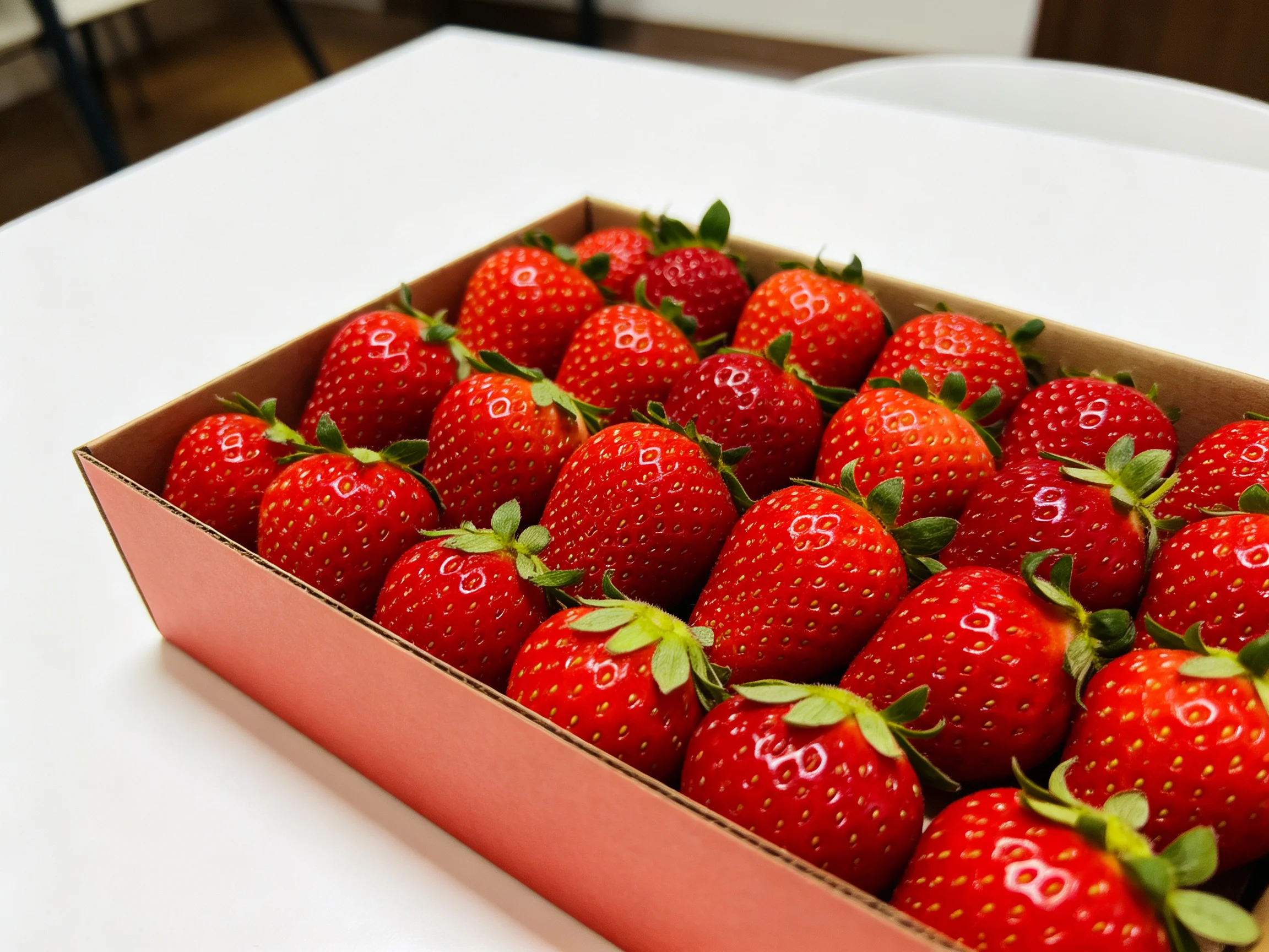 Fresh red strawberries packed in a rectangular cardboard box