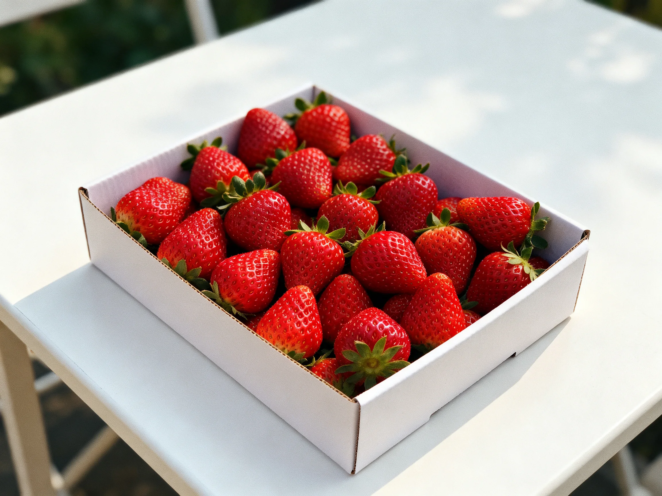 Fresh red strawberries packed in a white cardboard box on a white table