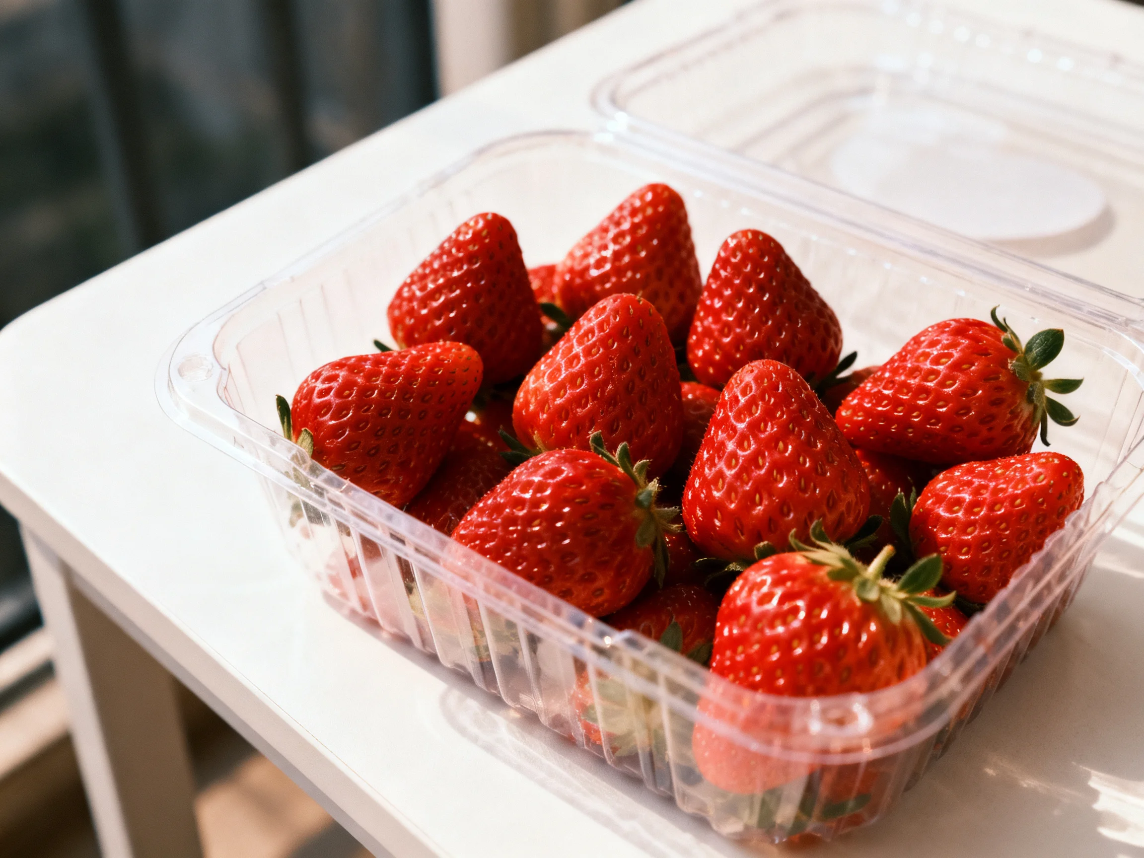 Fresh red strawberries packed in clear plastic container on white table