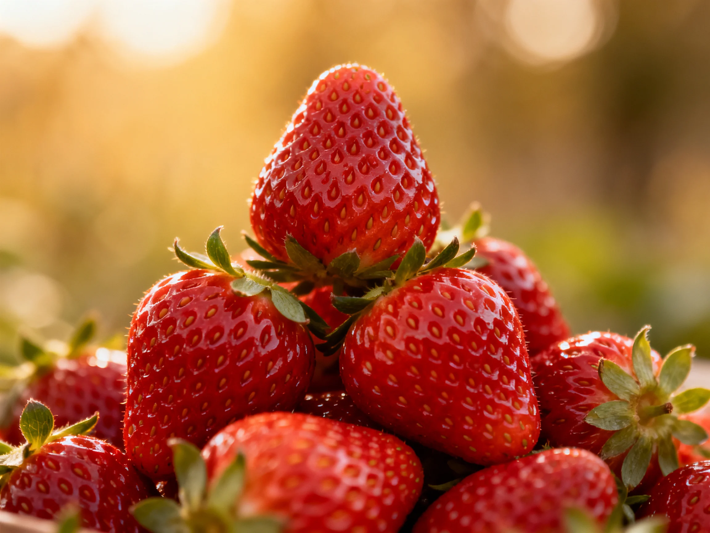 Fresh red strawberries are arranged in a pyramid under warm lighting.