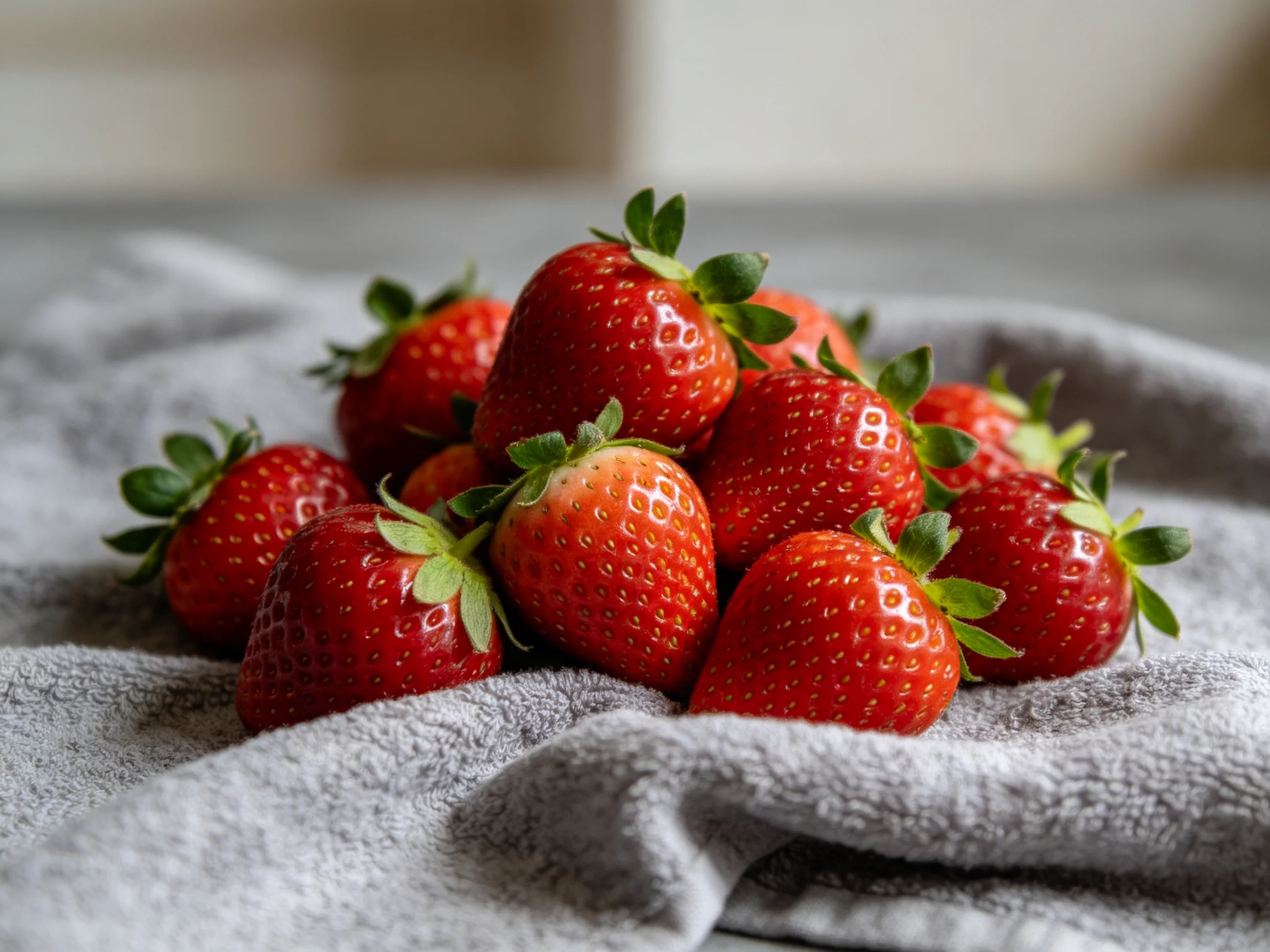 Fresh red strawberries piled on a soft gray towel