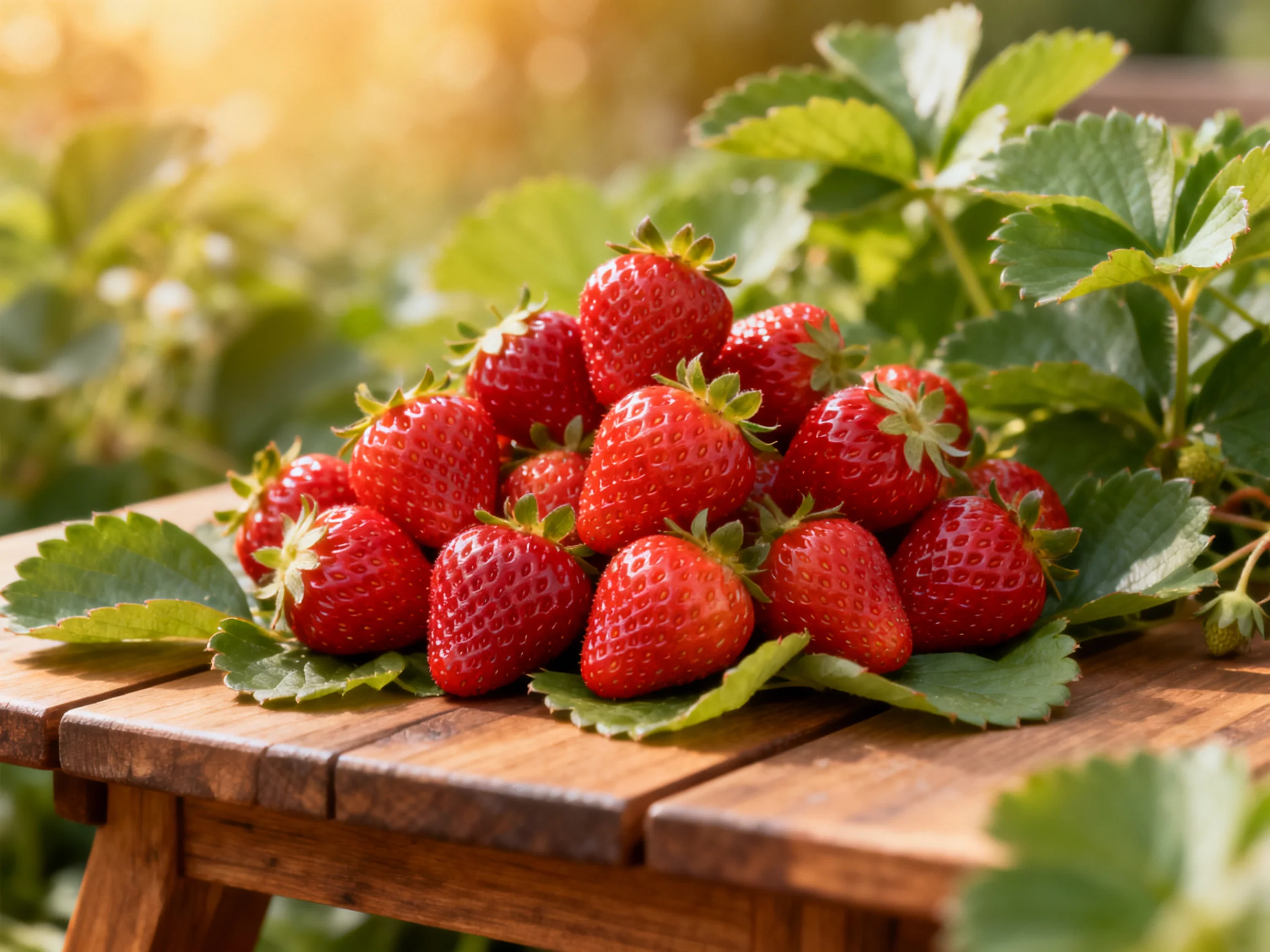 Fresh red strawberries piled on a wooden table with green leaves