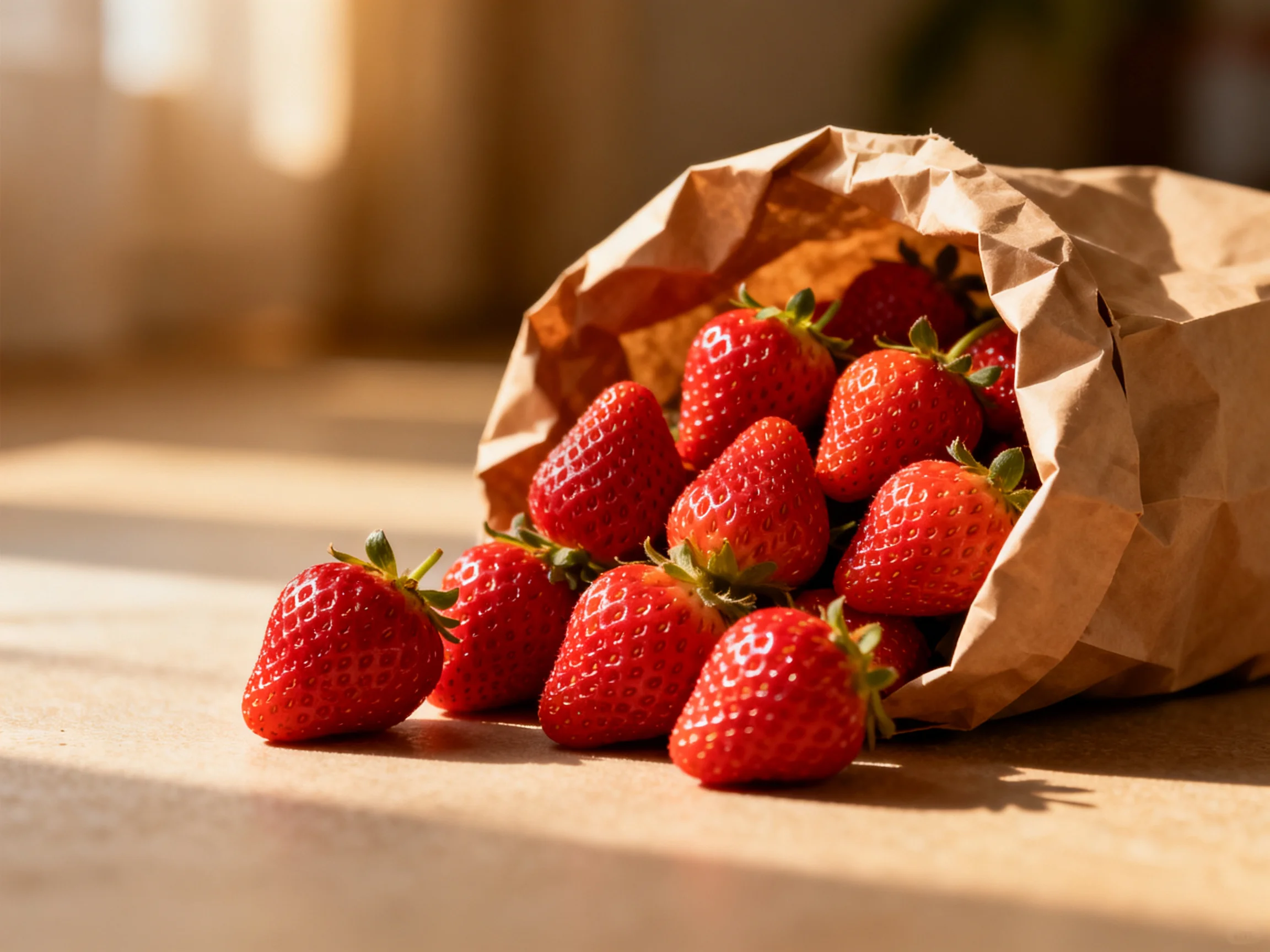 Fresh red strawberries spilling from a brown paper bag