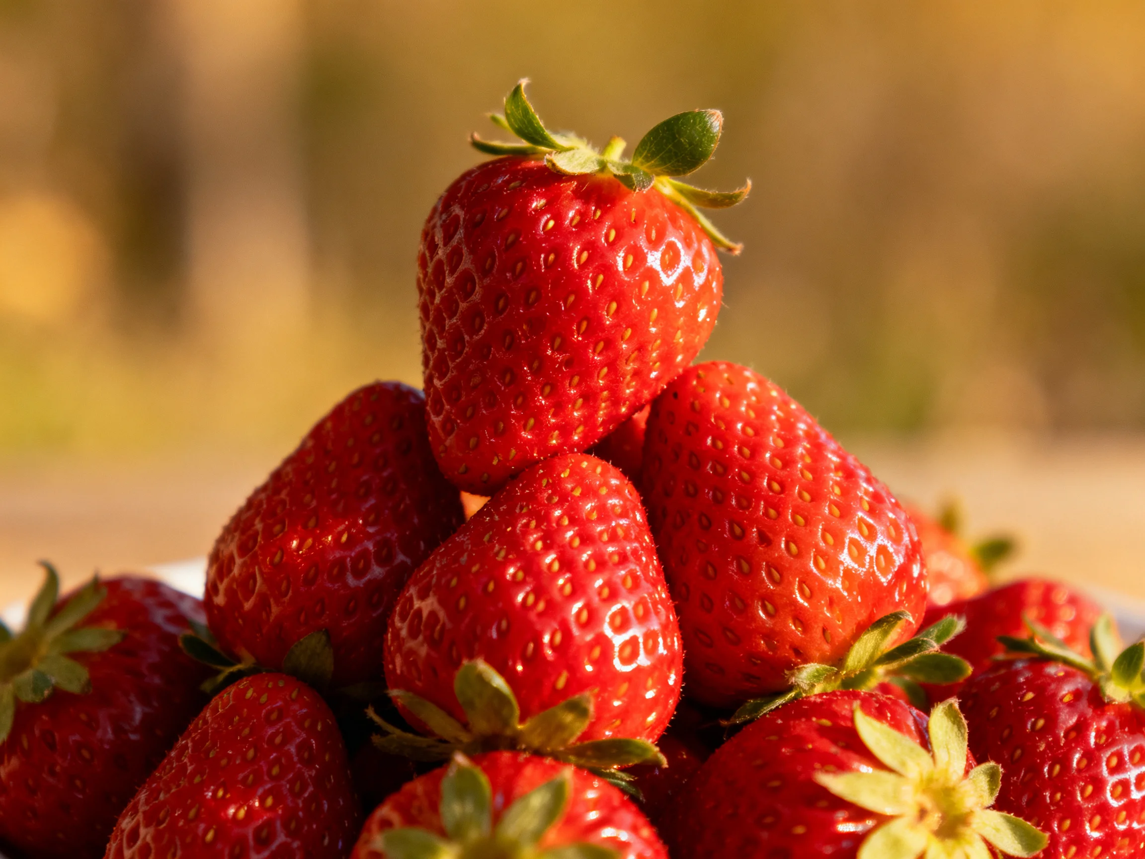 Fresh red strawberries stacked in a pyramid formation
