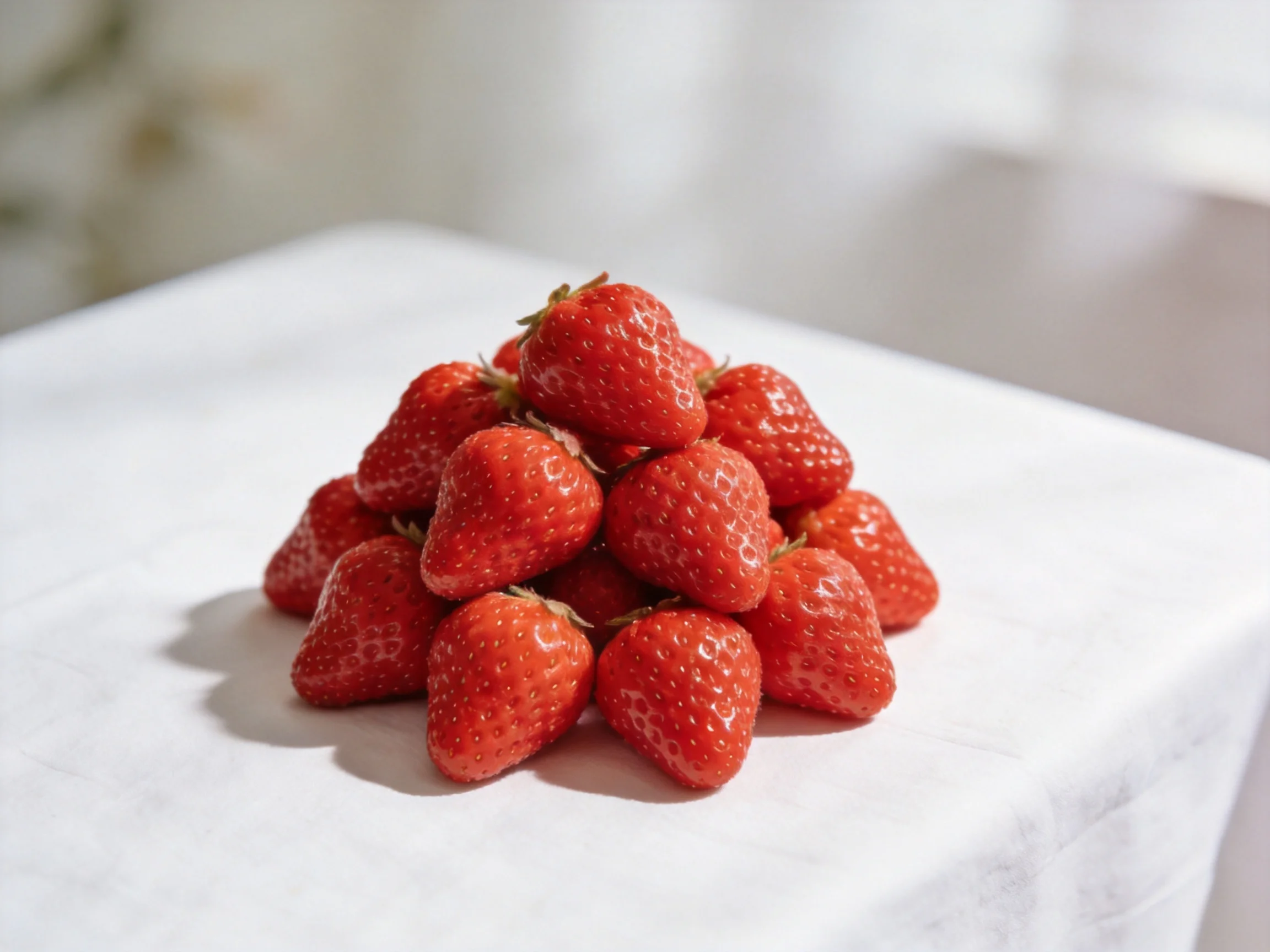 Fresh red strawberries stacked into a pyramid on a white cloth