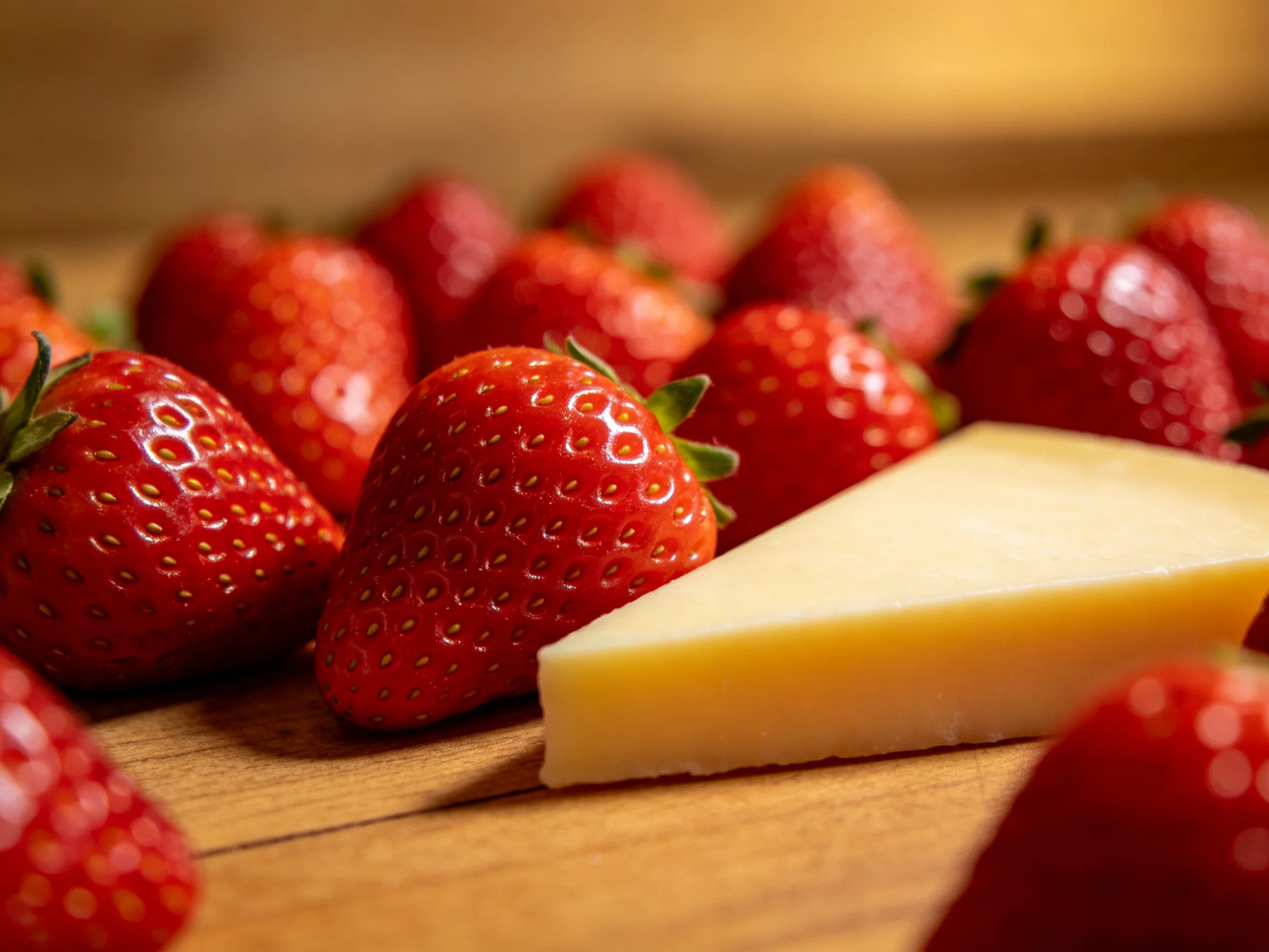 Fresh red strawberries surround a wedge of pale yellow cheese