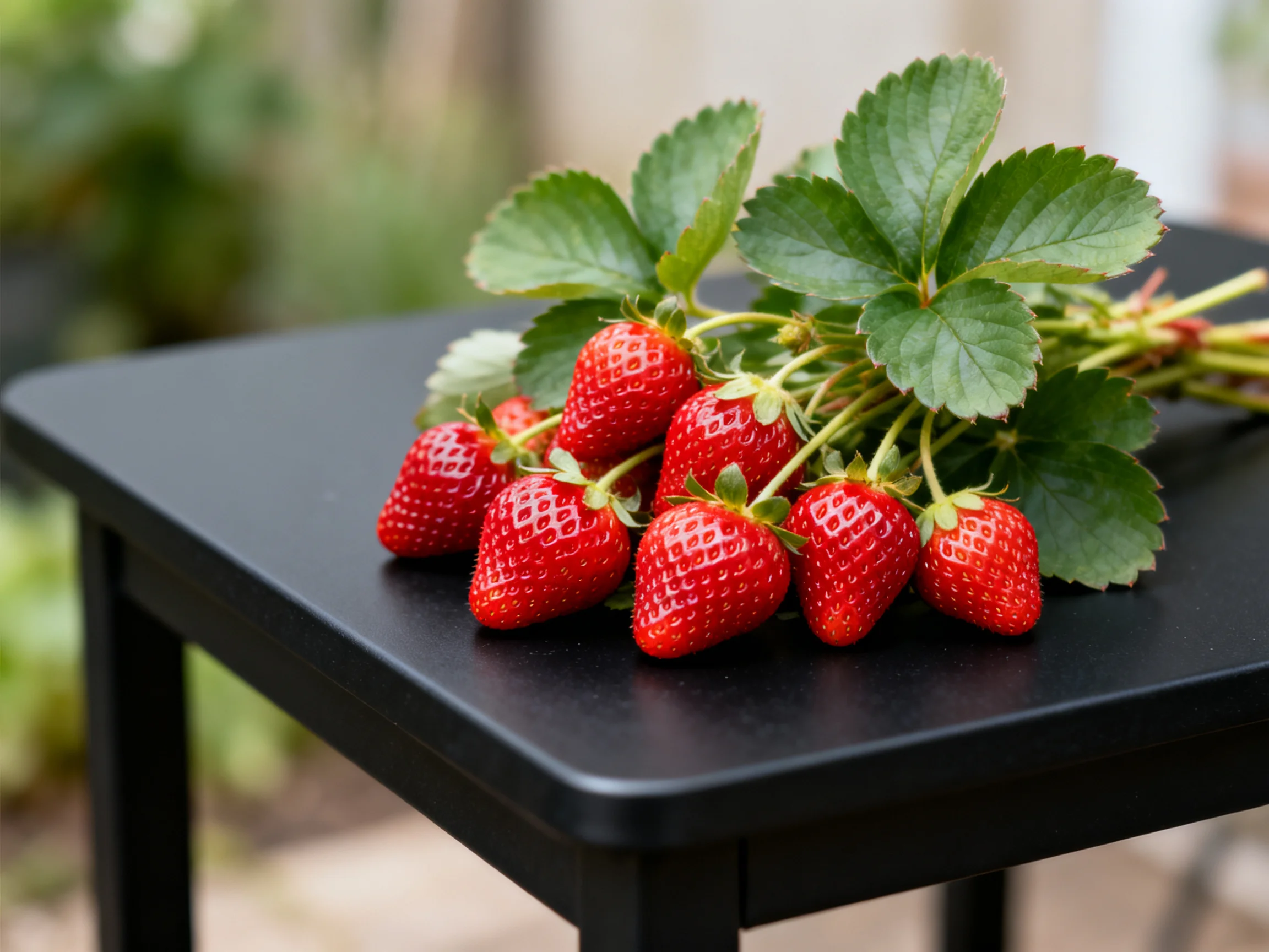 Fresh red strawberries with green leaves on a sleek black table
