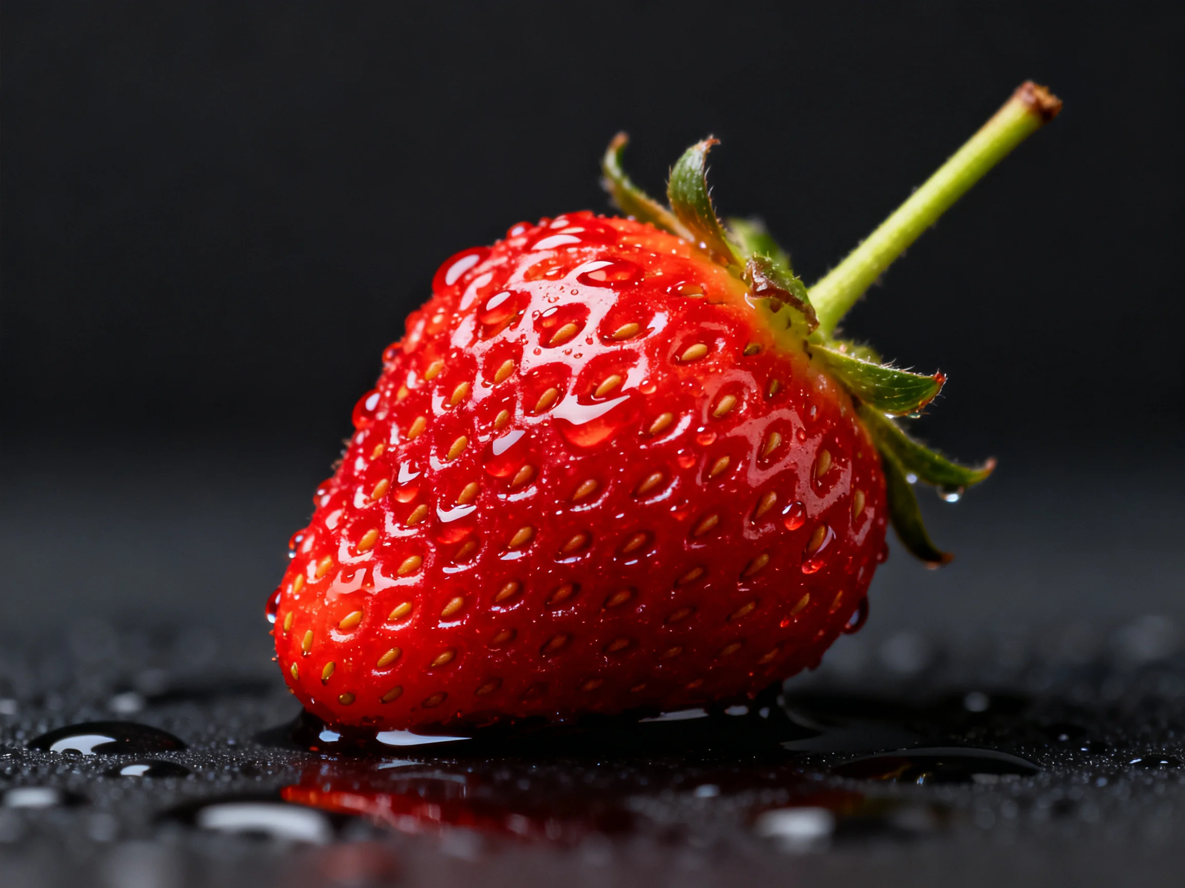 Fresh red strawberry with glistening water droplets on dark surface