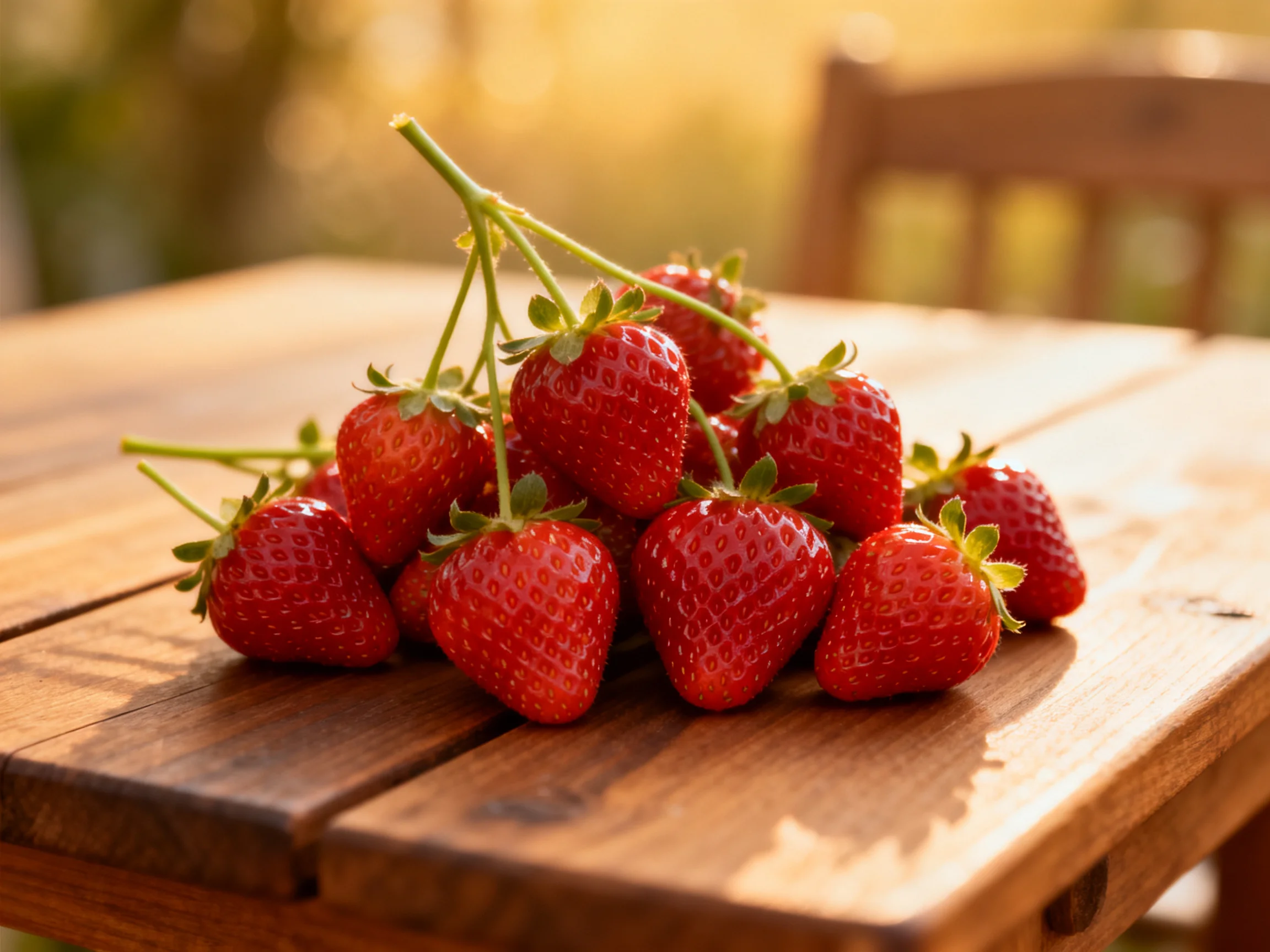Fresh ripe strawberries piled on a wooden outdoor table