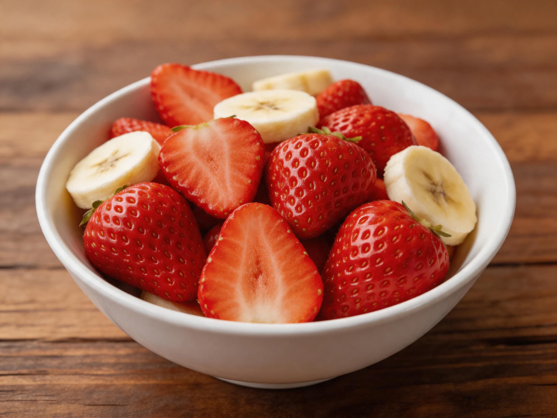 Fresh strawberries and banana slices arranged in a white bowl