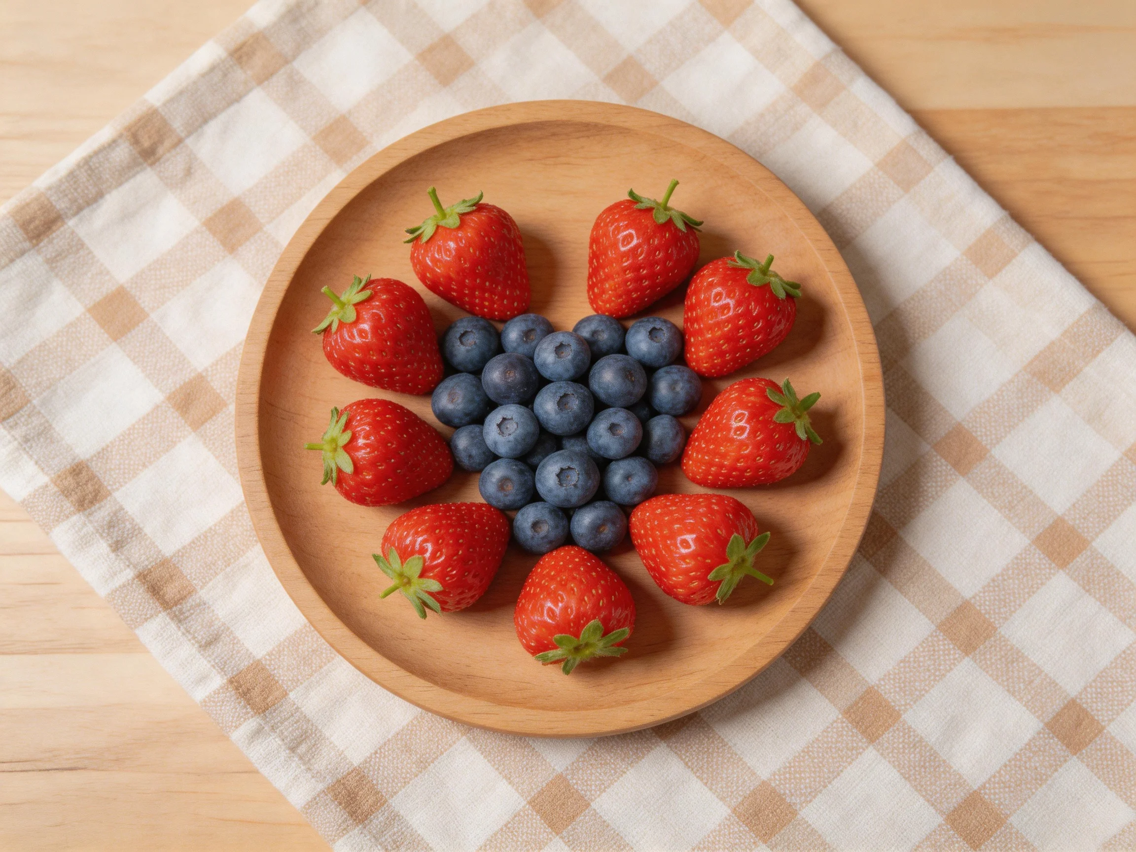 Fresh strawberries and blueberries arranged on a wooden plate over a checkered cloth