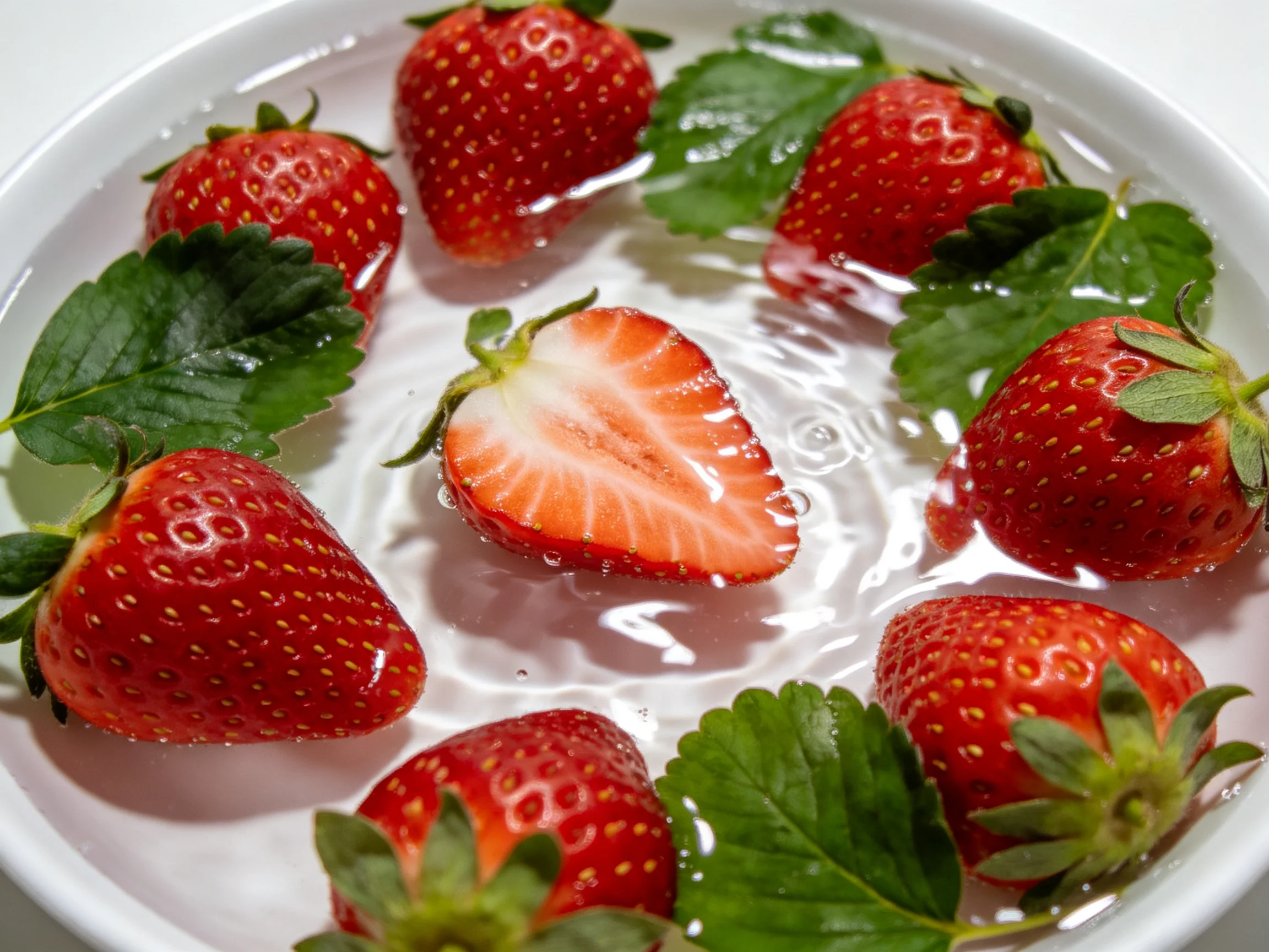 Fresh strawberries and green leaves floating in a bowl of clear water