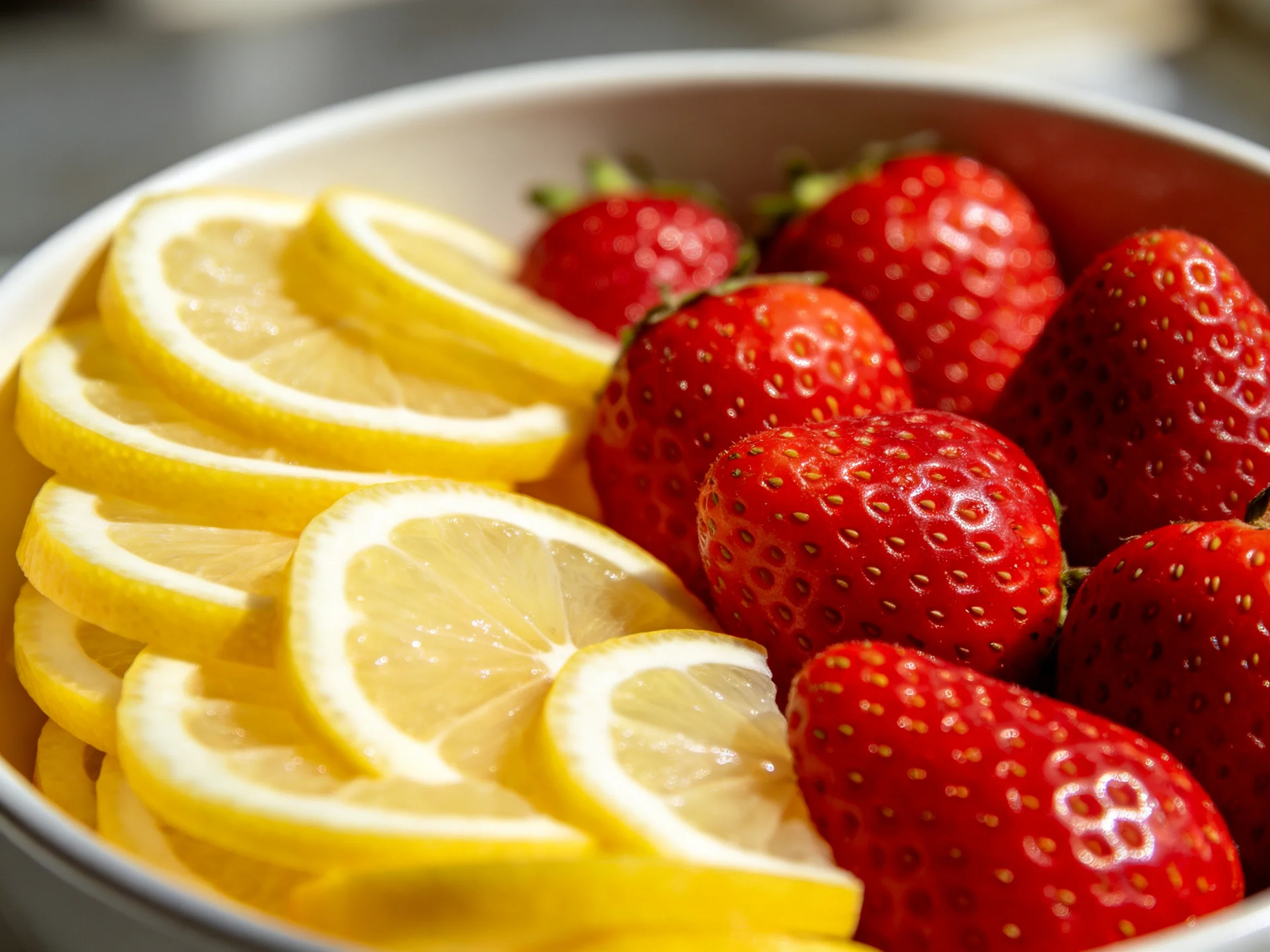 Fresh strawberries and lemon slices arranged in a white bowl