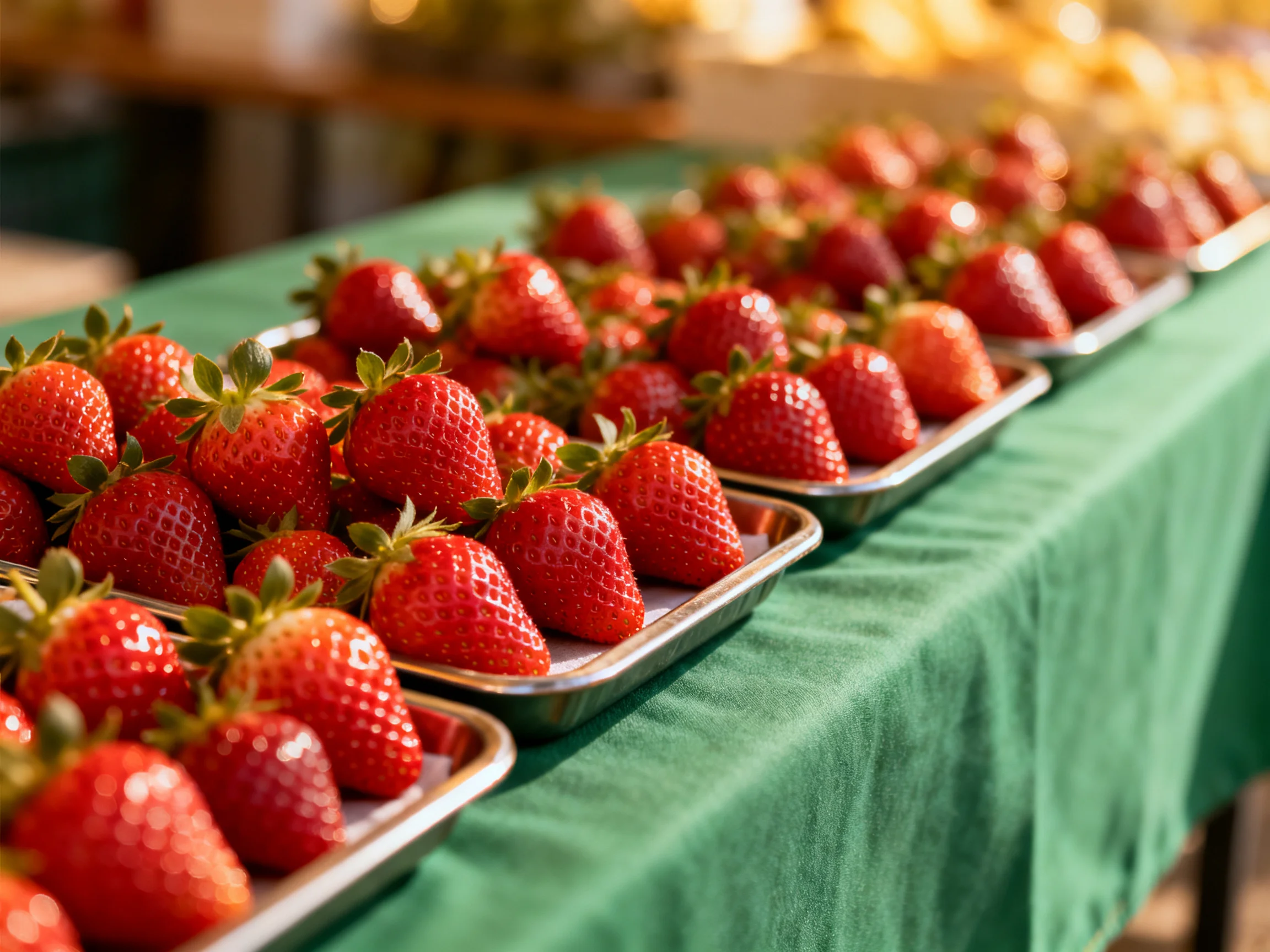 Fresh strawberries arranged in metal trays on a green cloth