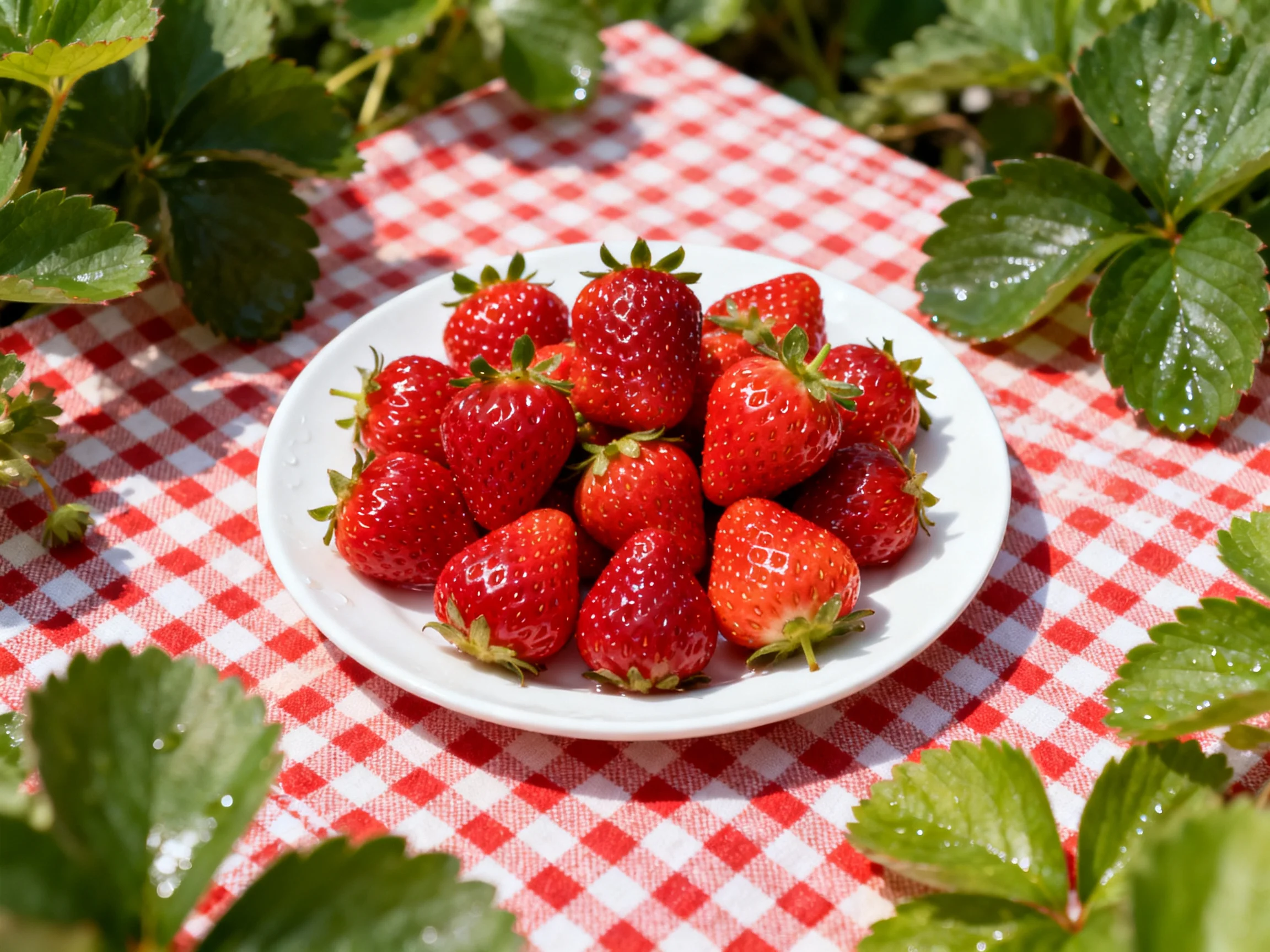 Fresh strawberries arranged on a white plate atop a red-and-white checkered cloth