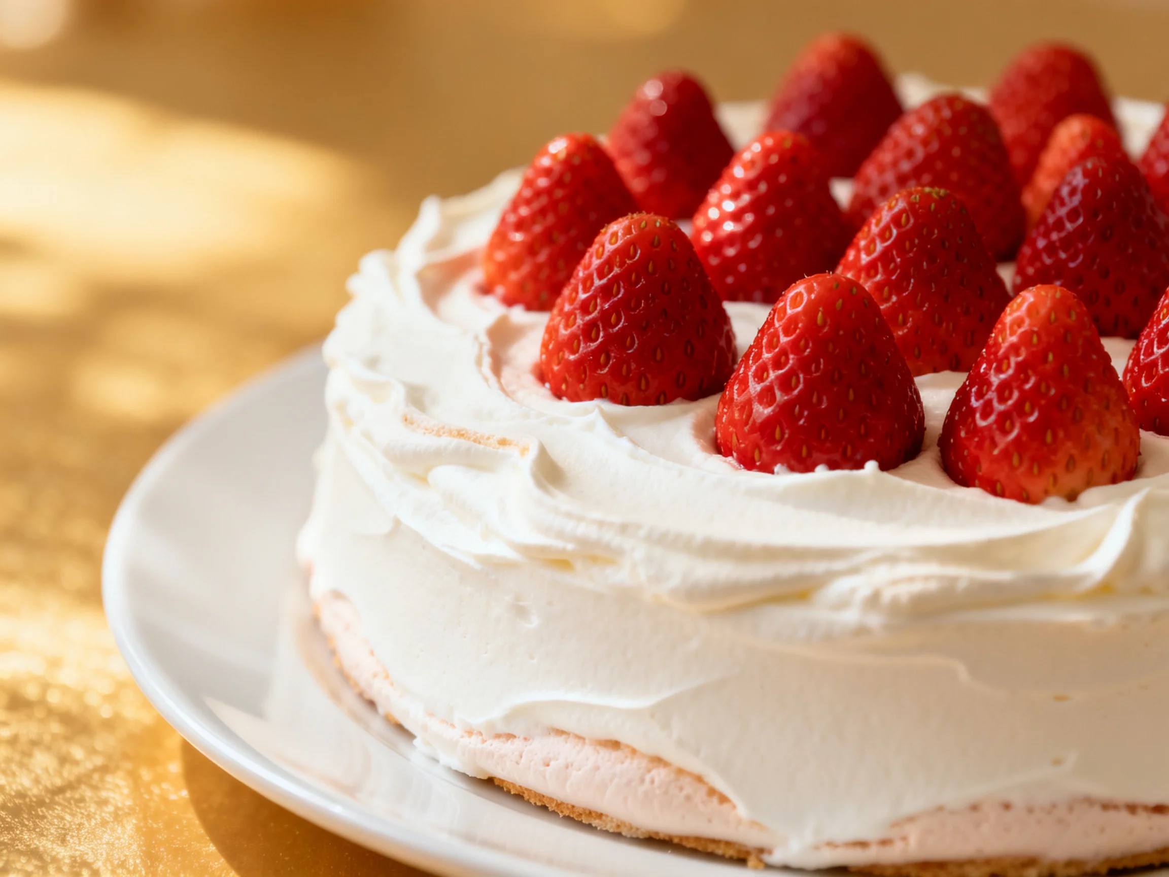 Fresh strawberries atop a cake with creamy white frosting