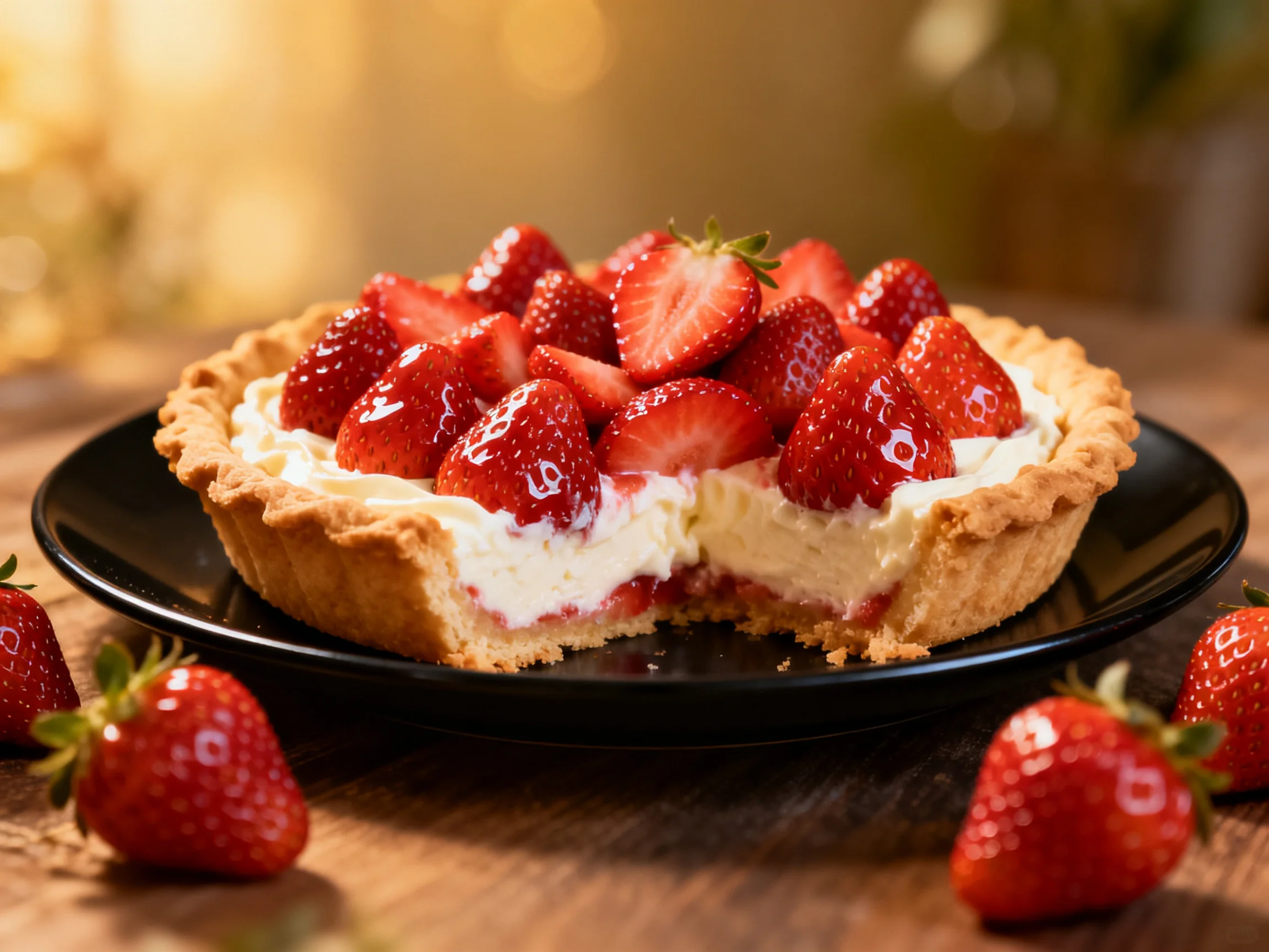 Fresh strawberries atop a golden cream tart with one slice removed