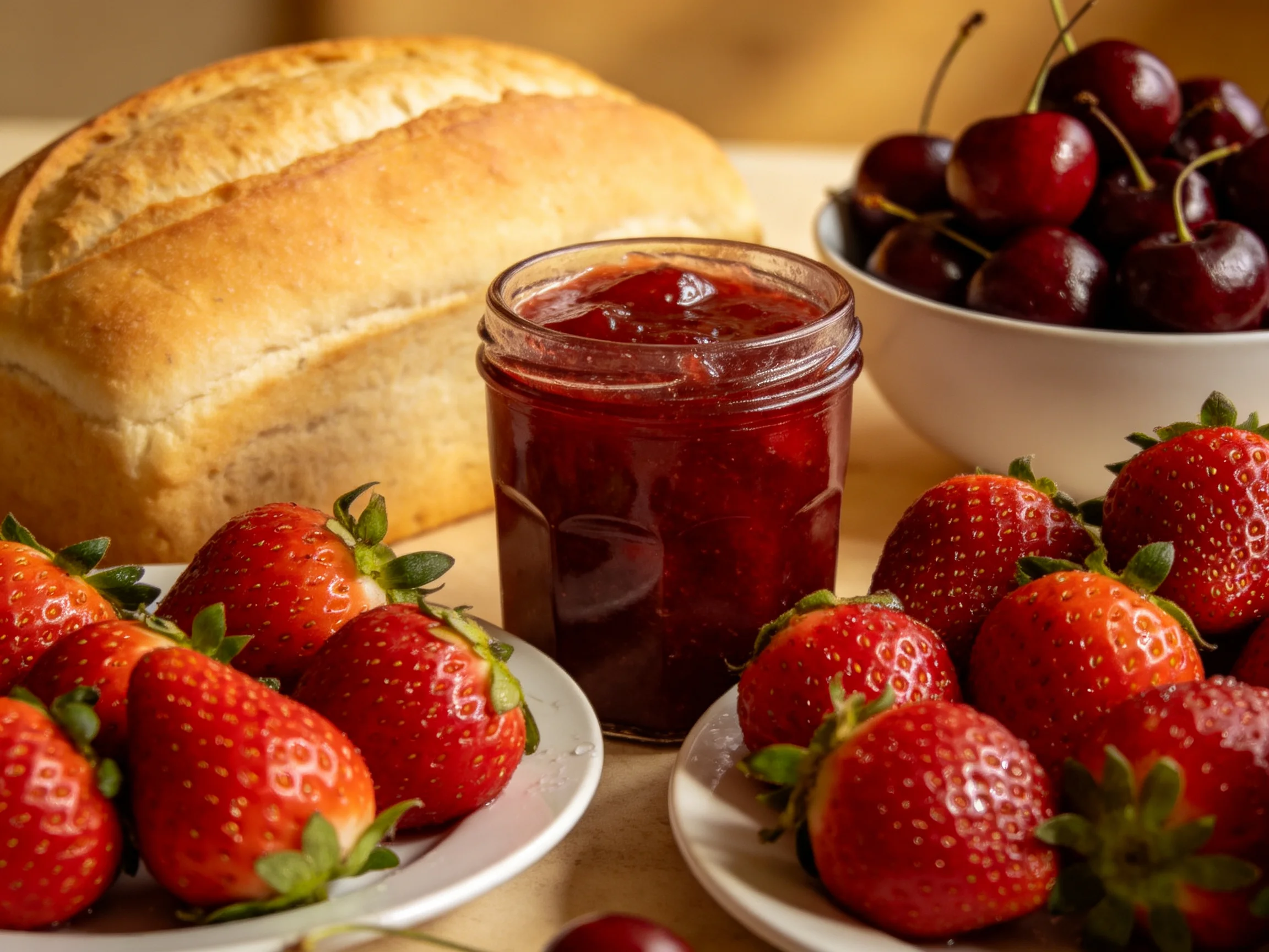 Fresh strawberries, cherry jam, and loaf of bread arranged on a table