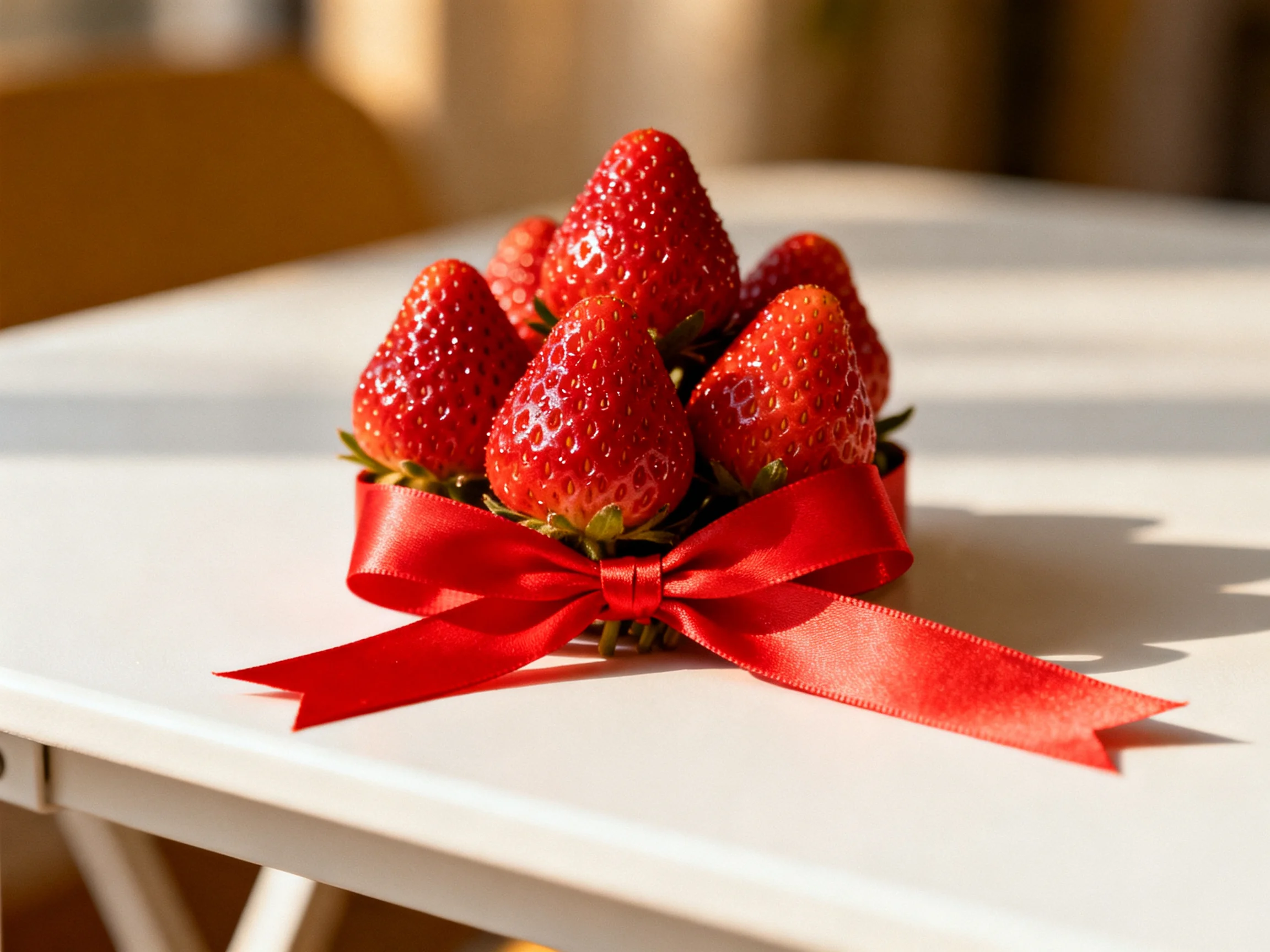 Fresh strawberries clustered into a bouquet with a glossy red ribbon