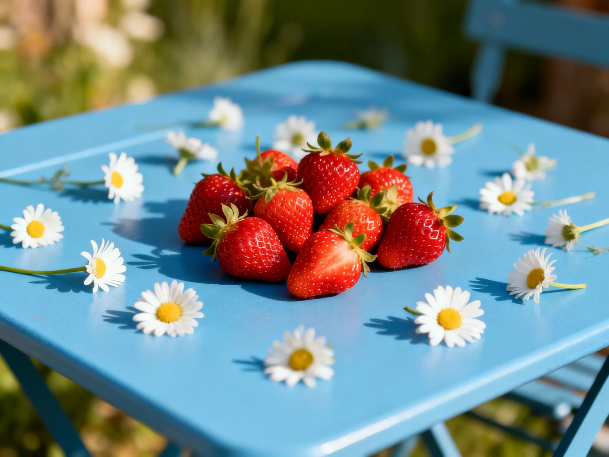 Fresh strawberries clustered on a bright blue table with white daisies