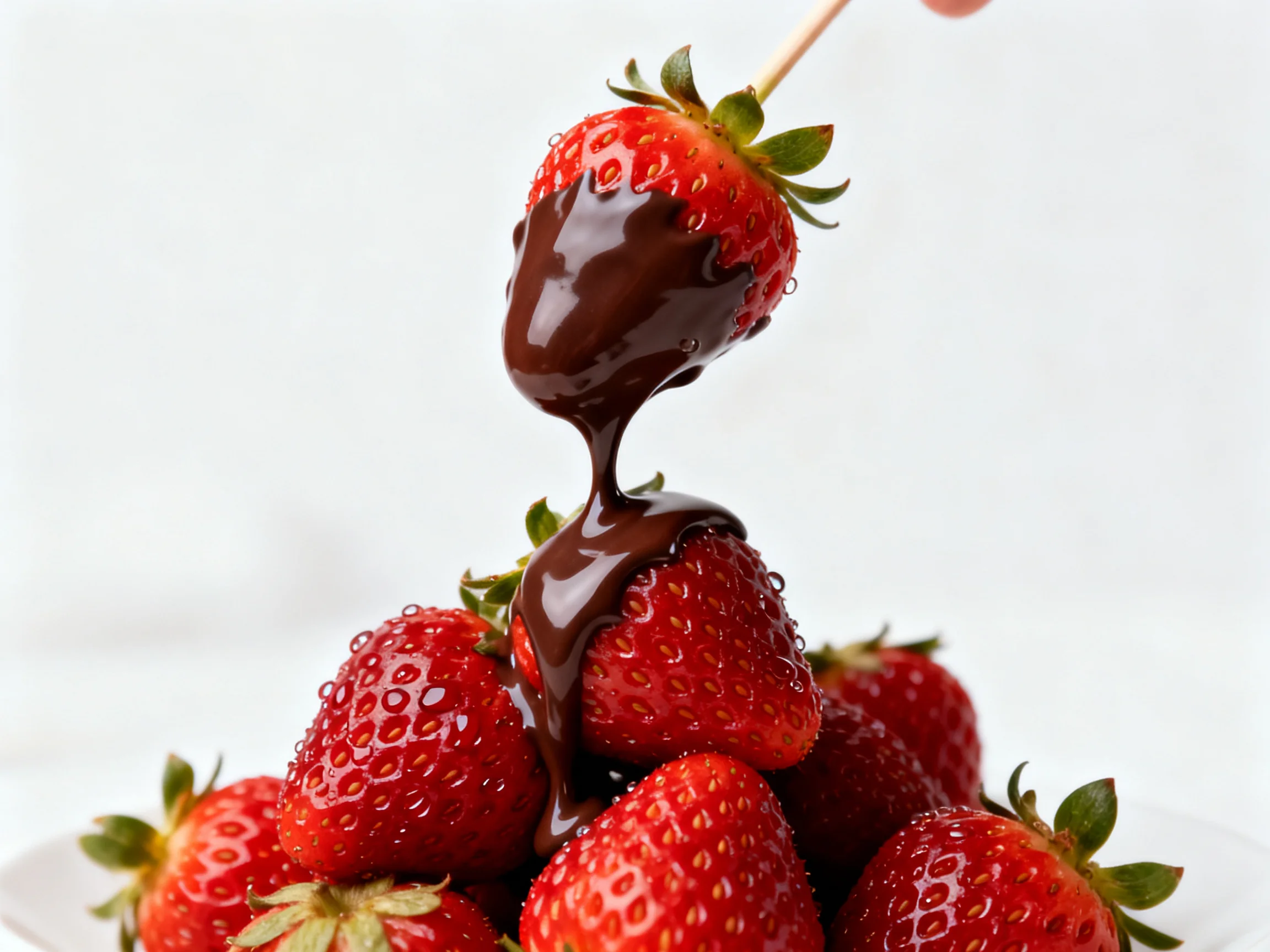 Fresh strawberries coated in glossy dark chocolate sauce