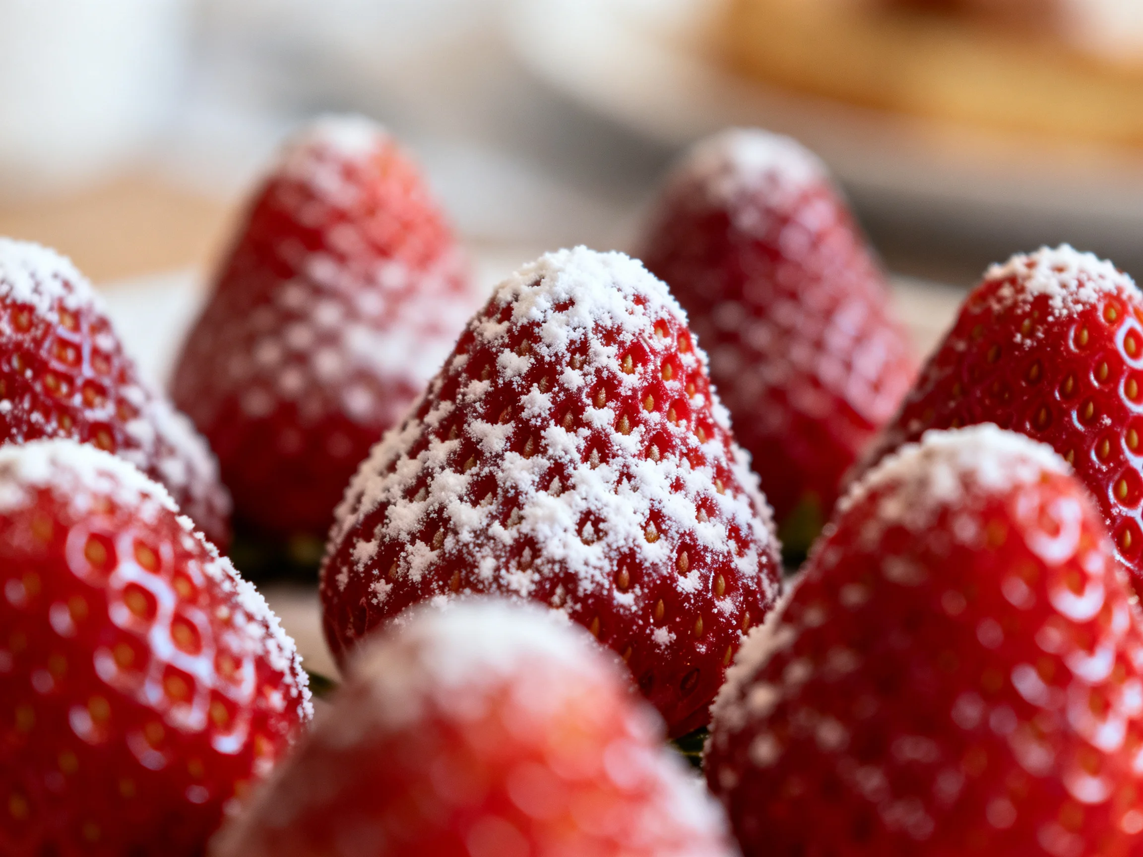 Fresh strawberries dusted with powdered sugar, vibrant red and white contrast