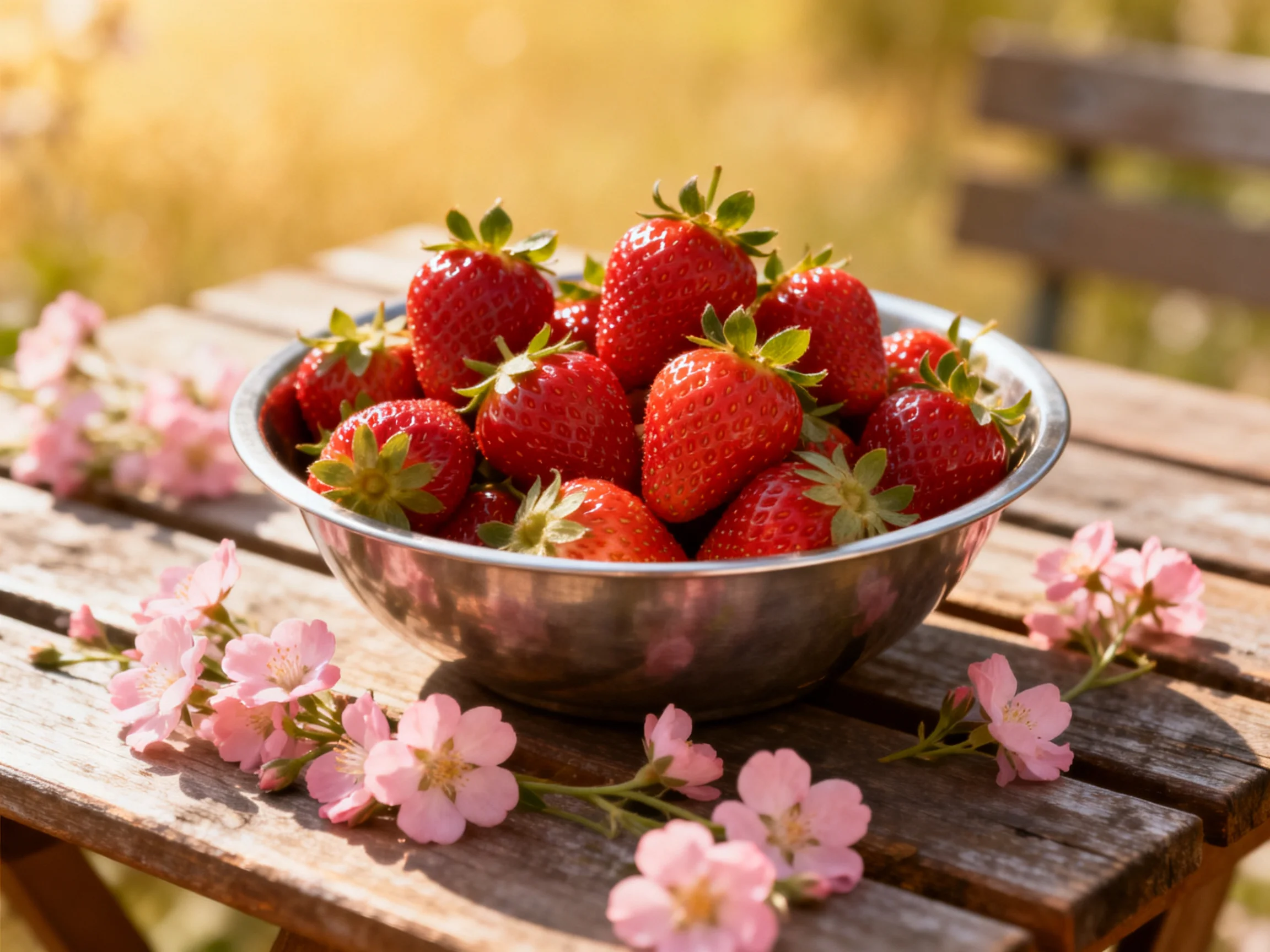 Fresh strawberries fill a metallic bowl on a weathered wooden table with pink flowers.