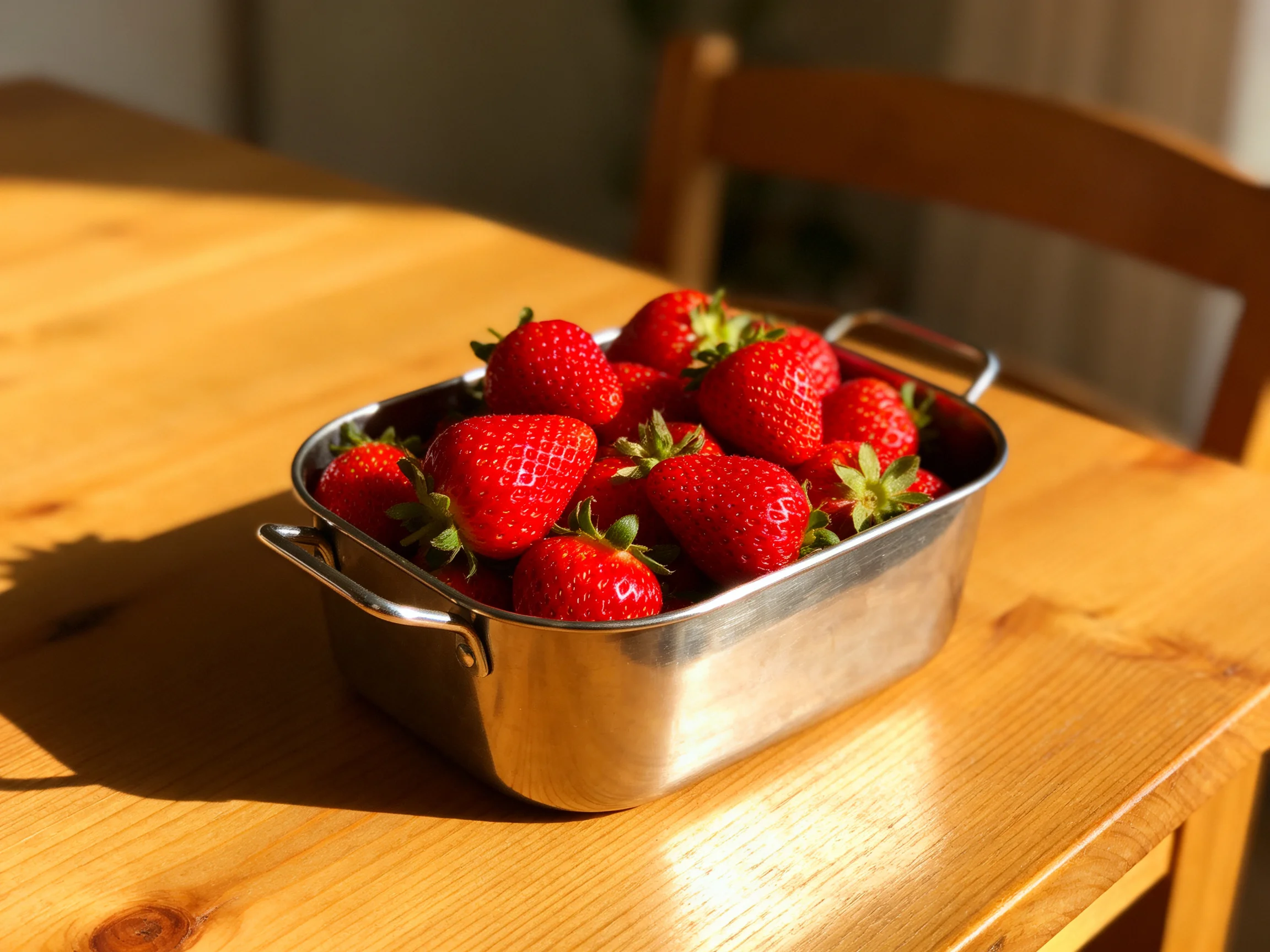 Fresh strawberries fill a stainless steel dish on a wooden table