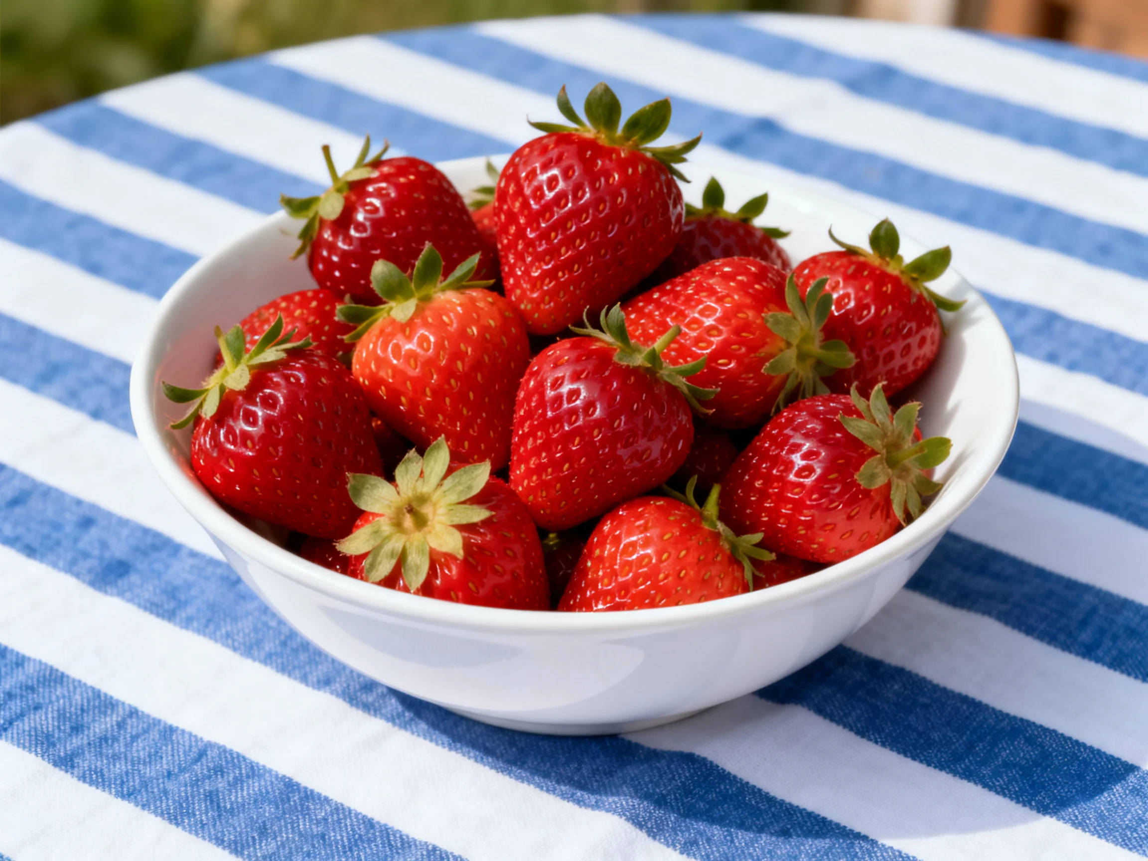 Fresh strawberries fill a white bowl atop a blue-and-white striped cloth