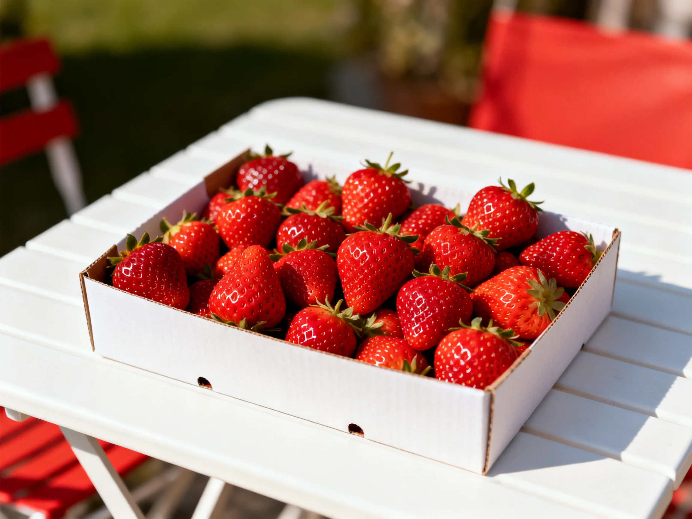 Fresh strawberries fill a white cardboard box on an outdoor table
