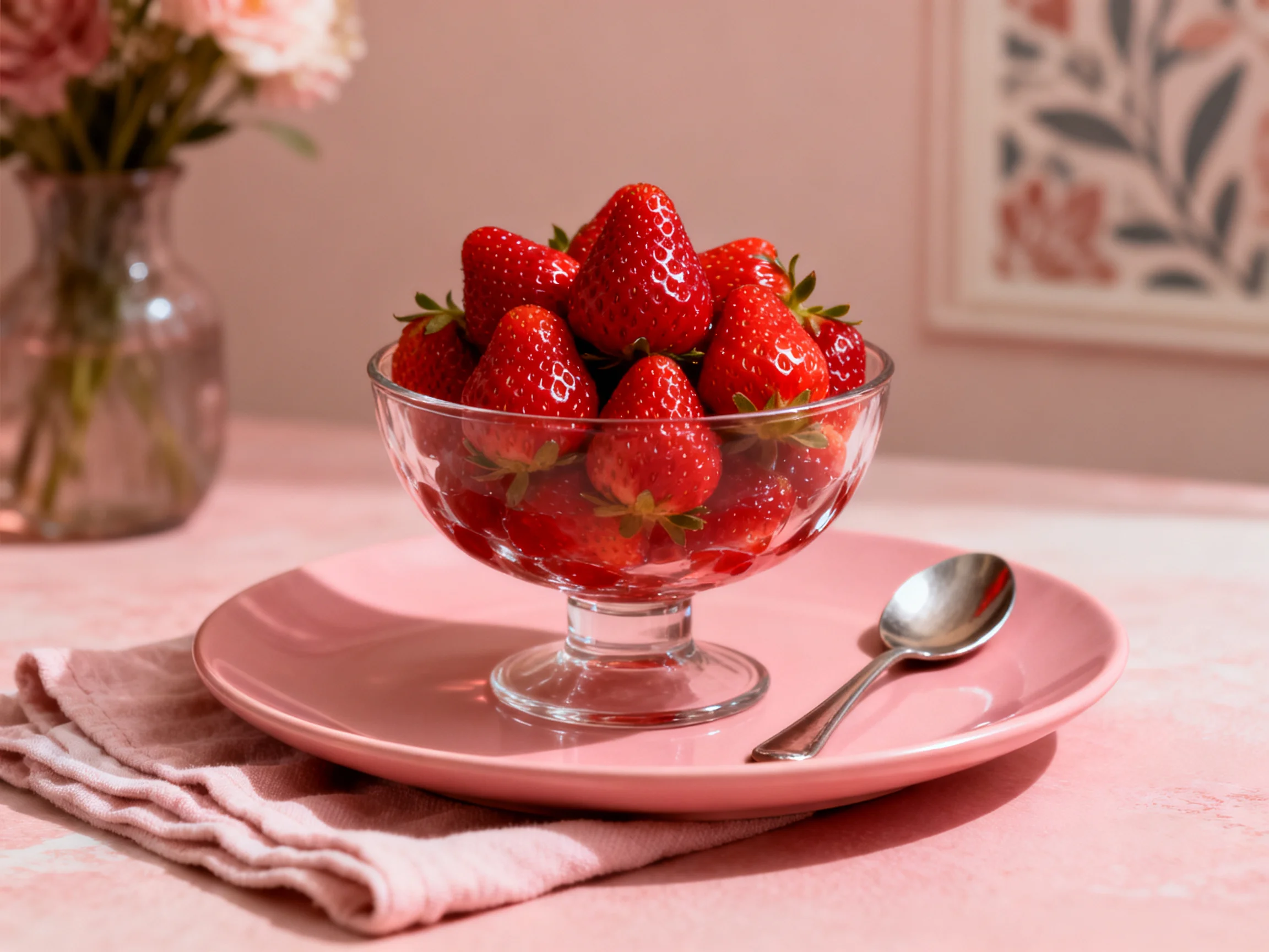Fresh strawberries in a glass dish on a pink plate with a spoon