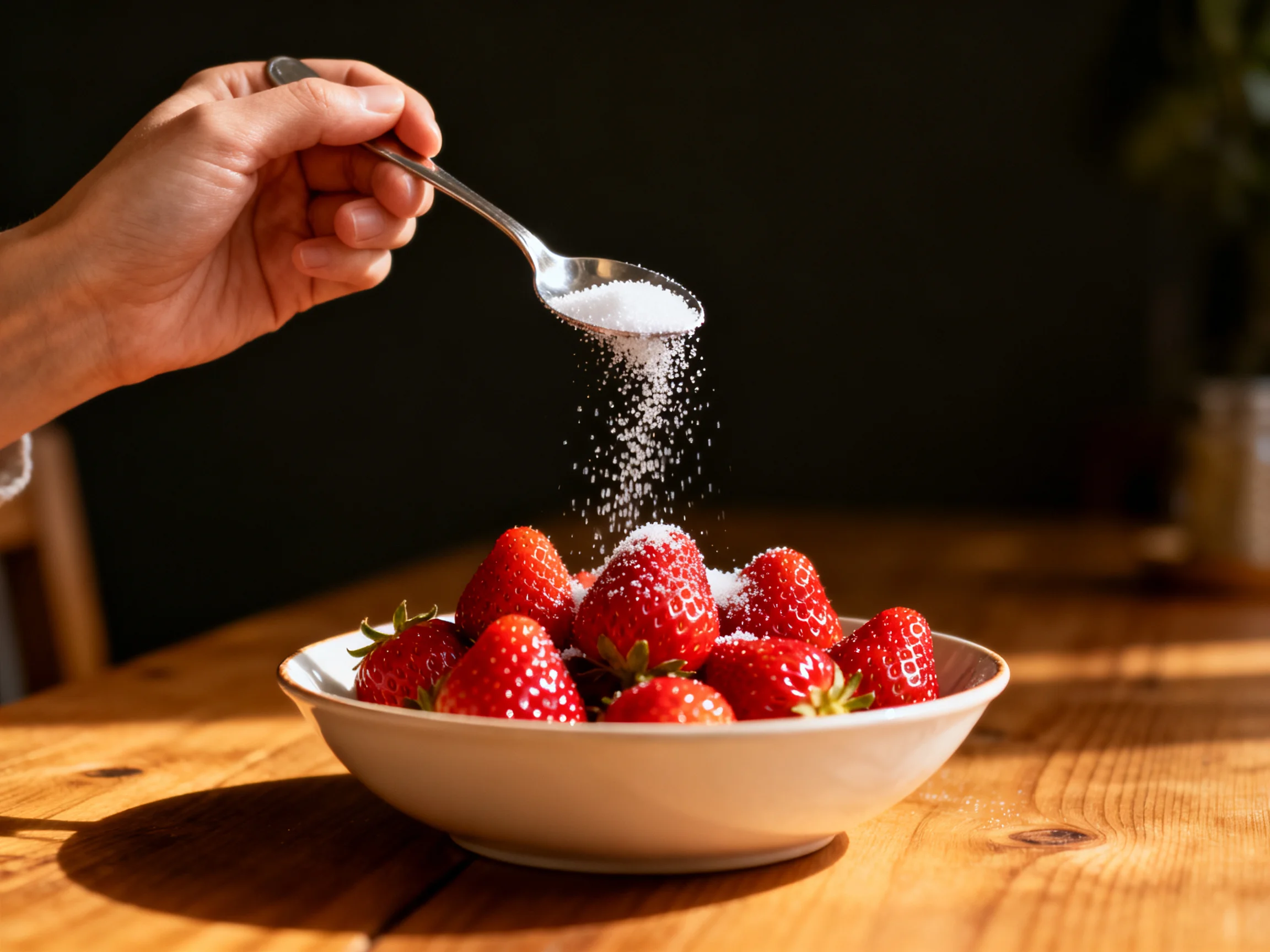 Fresh strawberries in a white bowl with sugar being sprinkled
