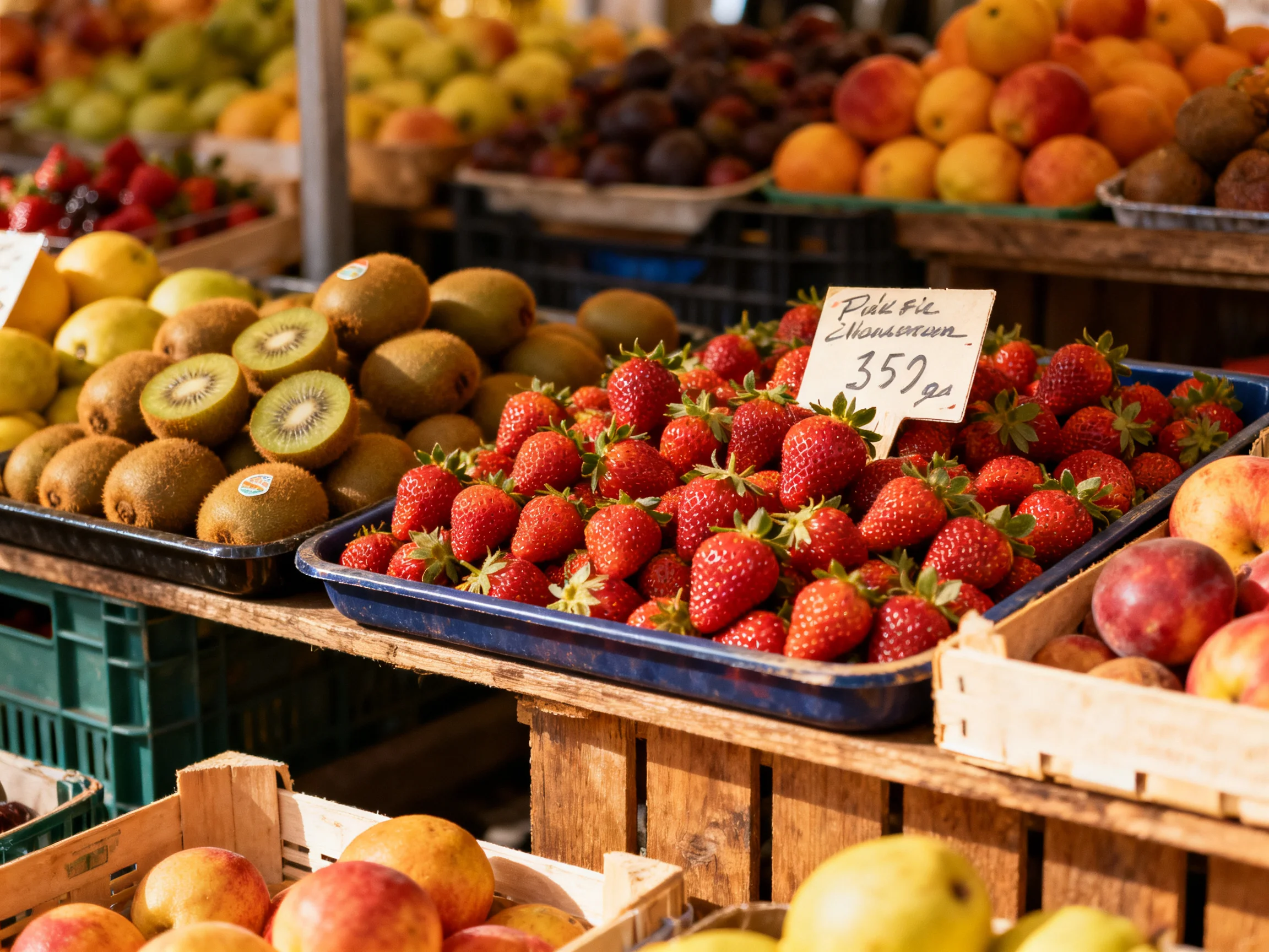 Fresh strawberries, kiwis, and mixed fruits at a market