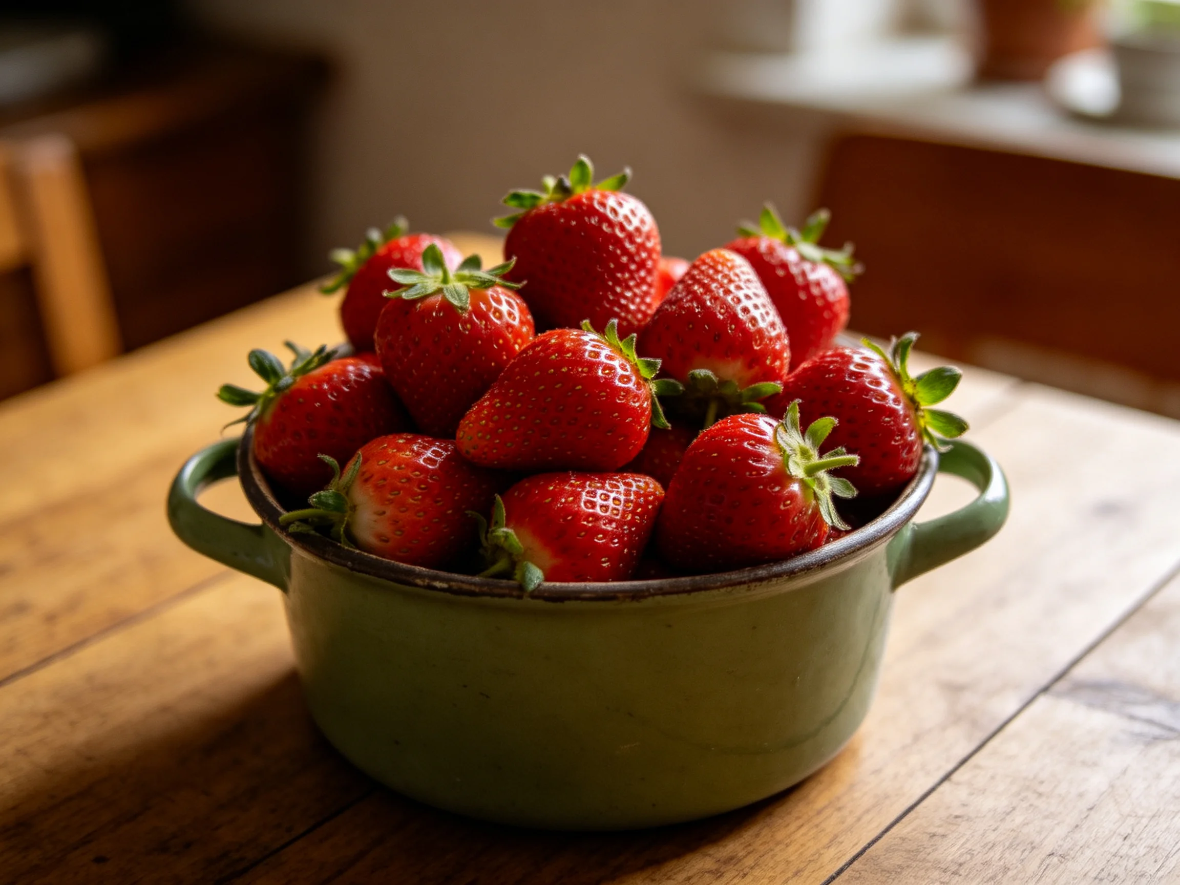 Fresh strawberries overflow in a green ceramic bowl on a wooden table