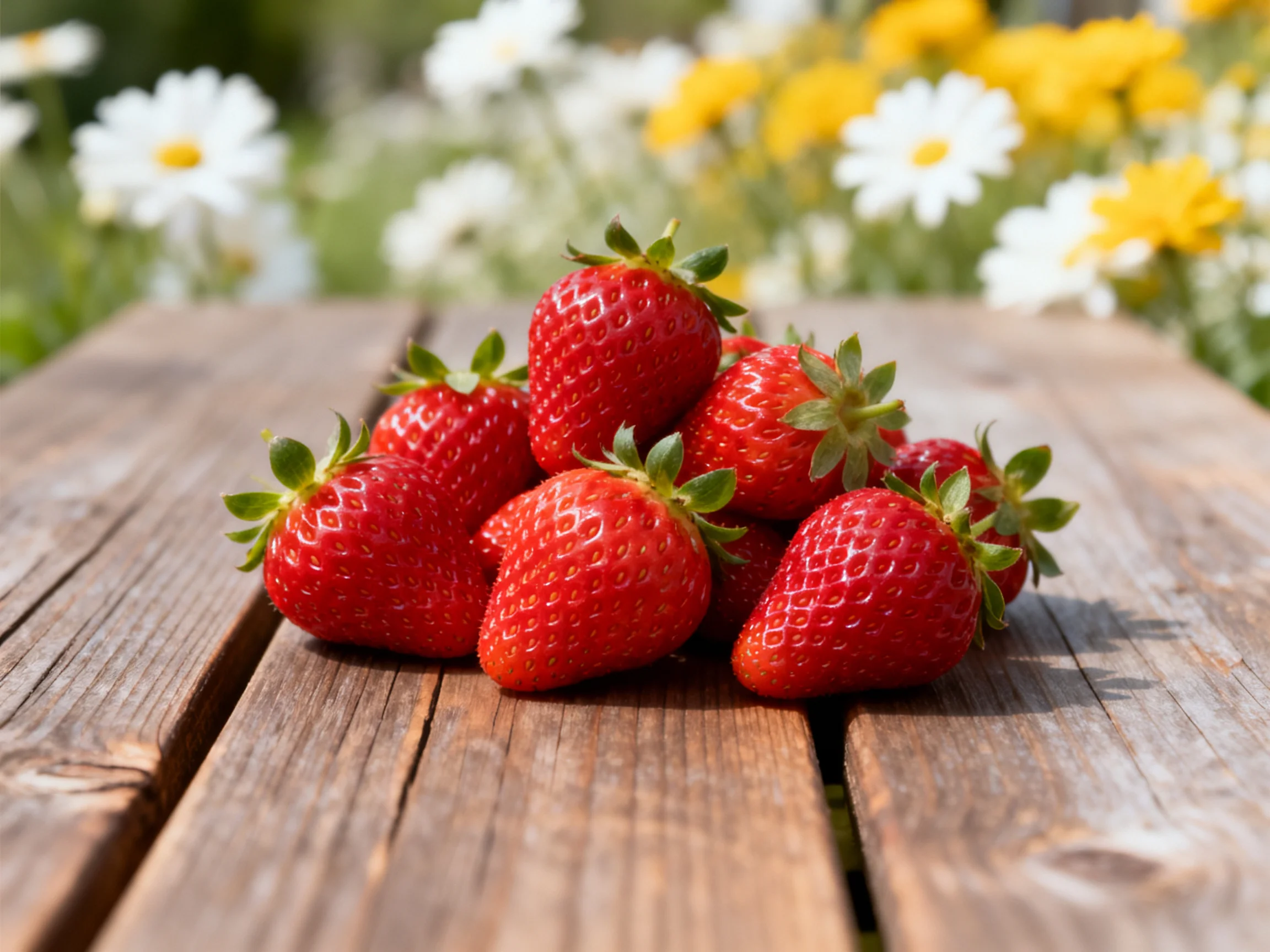 Fresh strawberries piled on weathered wood with garden flowers