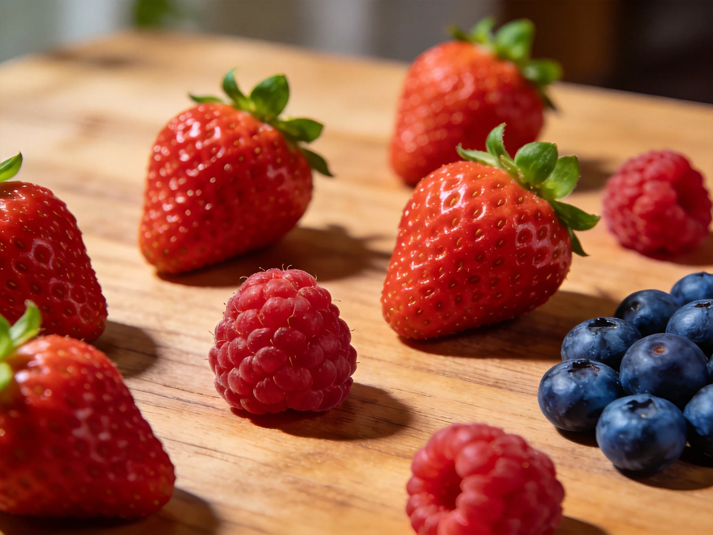 Fresh strawberries, raspberries, and blueberries arranged on a wooden cutting board