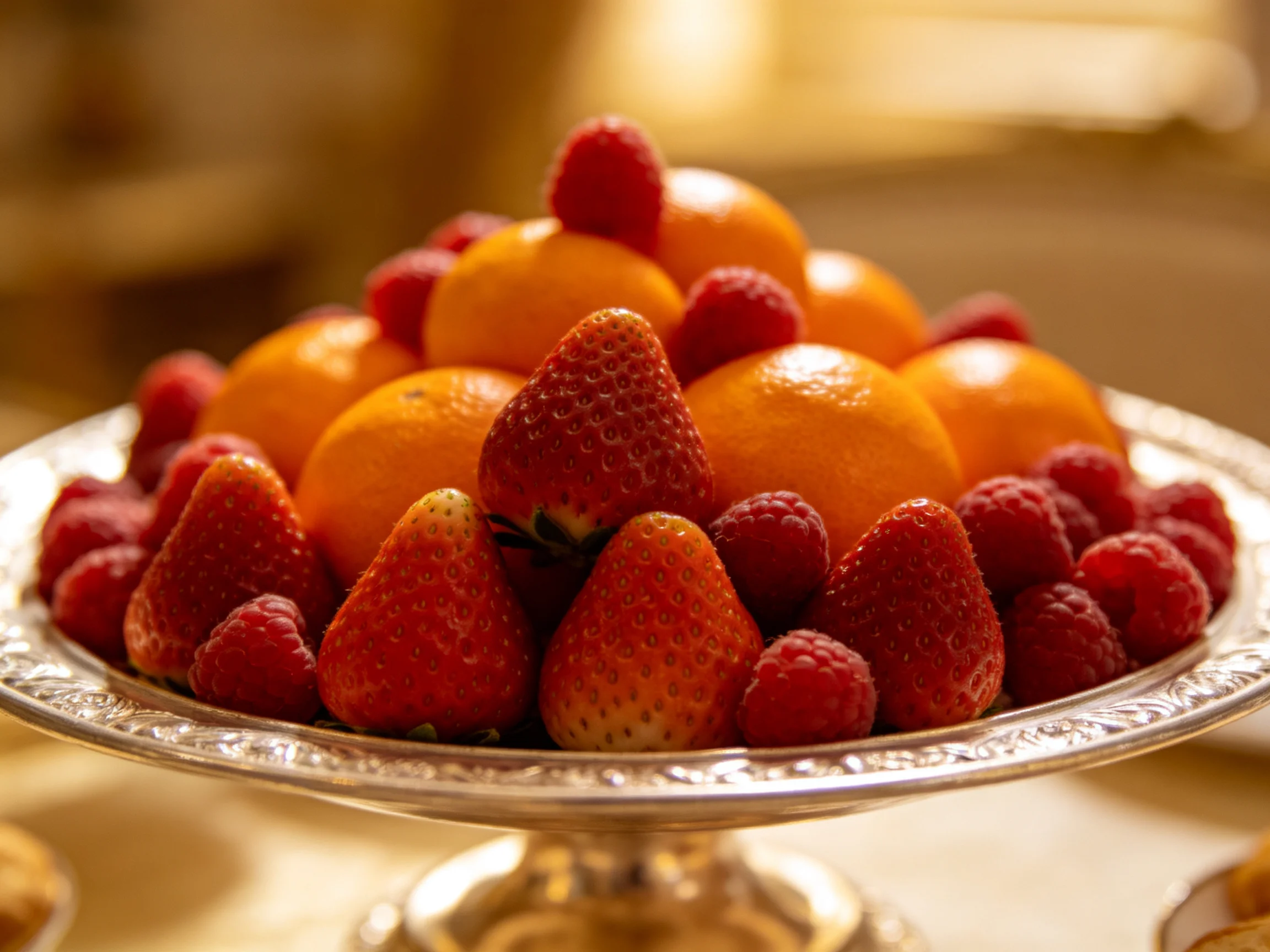Fresh strawberries, raspberries, and oranges arranged in an ornate silver dish
